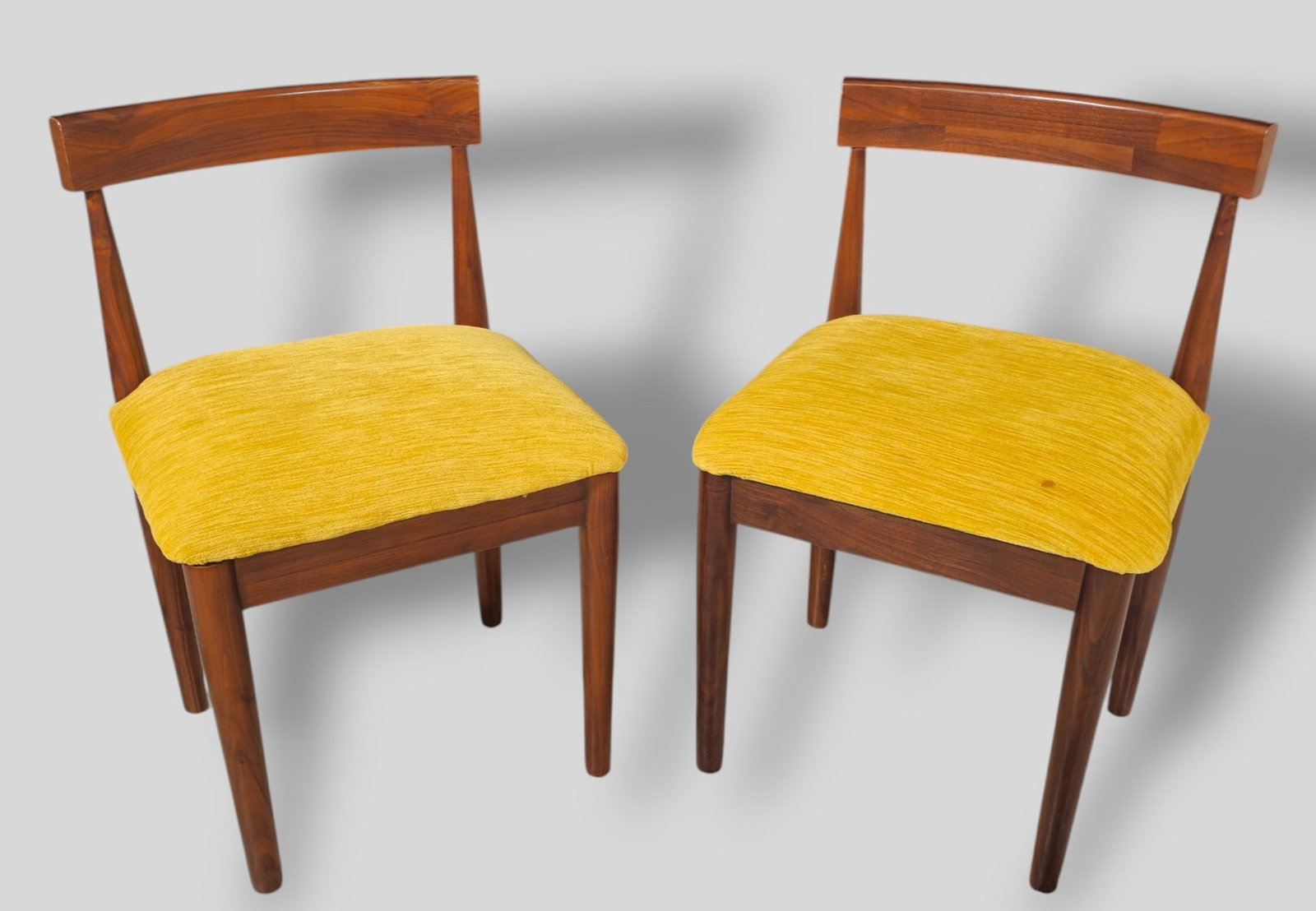 Hans Olsen Style Side Chairs: Hans Olsen Style Side Chairs. USA. 1970. Walnut and upholstery. 18w x 16d x 29 1/4, Sh 20.