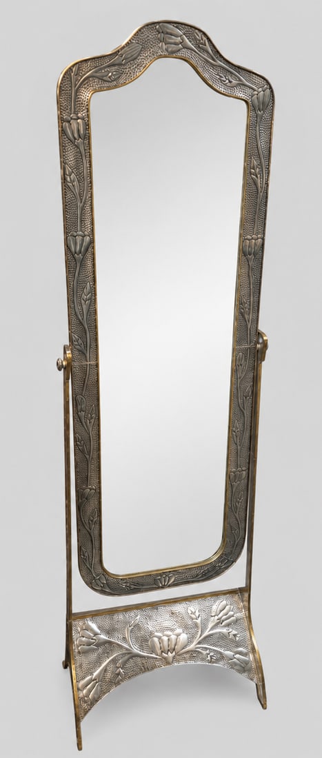 Unusual Cheval Etched Floral frame Mirror: Unusual Cheval Etched Floral frame Mirror. 20th Century. Scalloped frame with Brass trim. Mirror pivots on side pins and arched base. 20 1/2w x 18d x 65 1/4h.