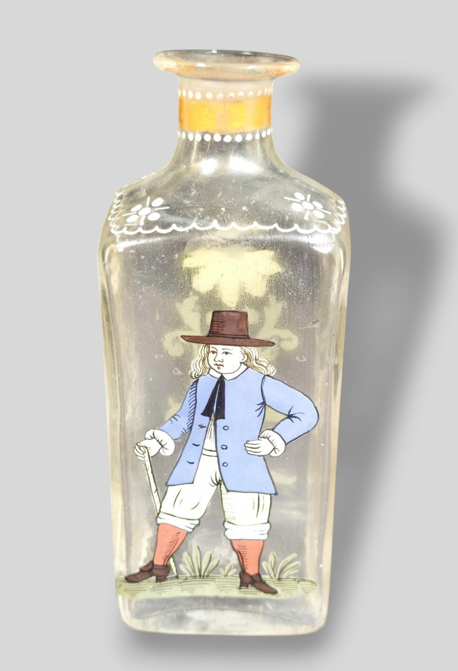 Fritz Heckert 19th Century Glass Enamel Bottle: Fritz Heckert 19th Century Glass Enamel Bottle. Circa 1860. Hand painted enamel decoration. 2 1/2w x 2 1/2d x 6 1/2h.