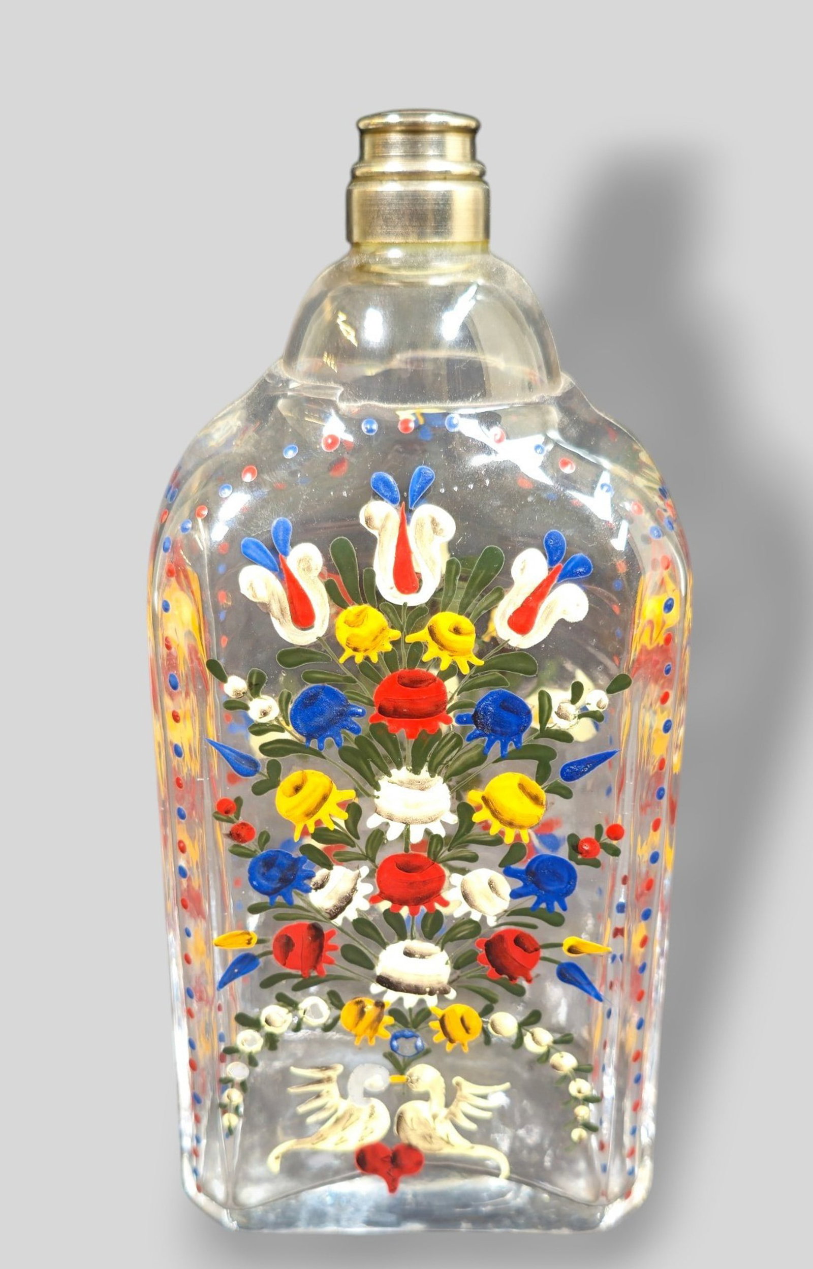 18th Century German Hand Painted Bottle: 18th Century German Hand Painted Bottle. Circa 1760-1780 hand painted flowers. Flat octagonal form. 3 1/2w x 2 1/2d x 7 5/8h.