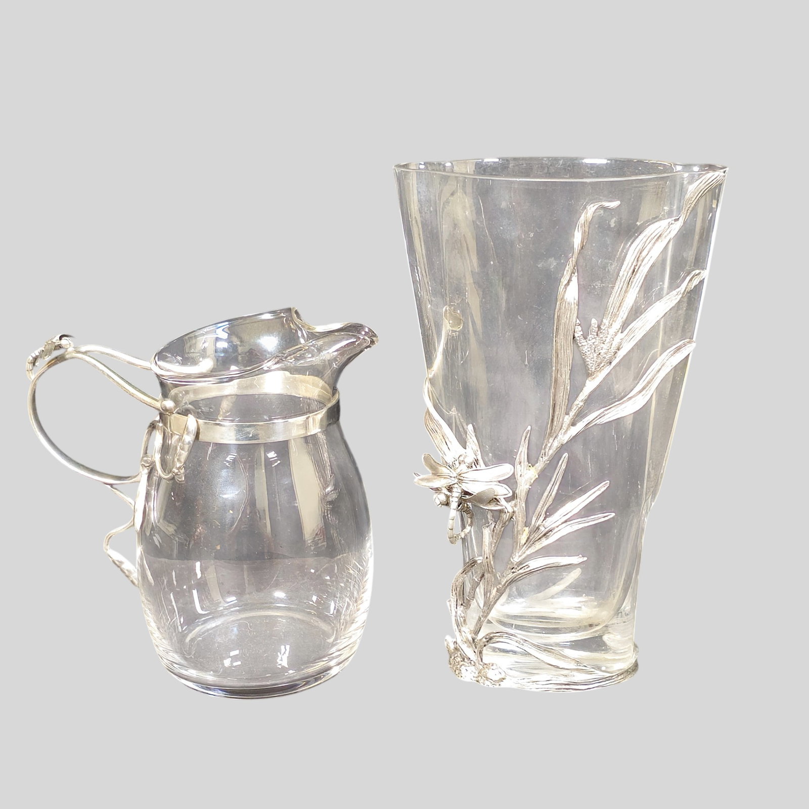 Pierre Deux Pewter Dragonfly Vase and Vagabond Dragonfly Pitcher: Pierre Deux Pewter Dragonfly Vaseand Vagabond Dragonfly Pitcher . France, 1980s. Pewter and crystal. Vase 6w x 3 1/2d x 10h. Pitcher 6 7/8w x 4 1/4d x 7h.