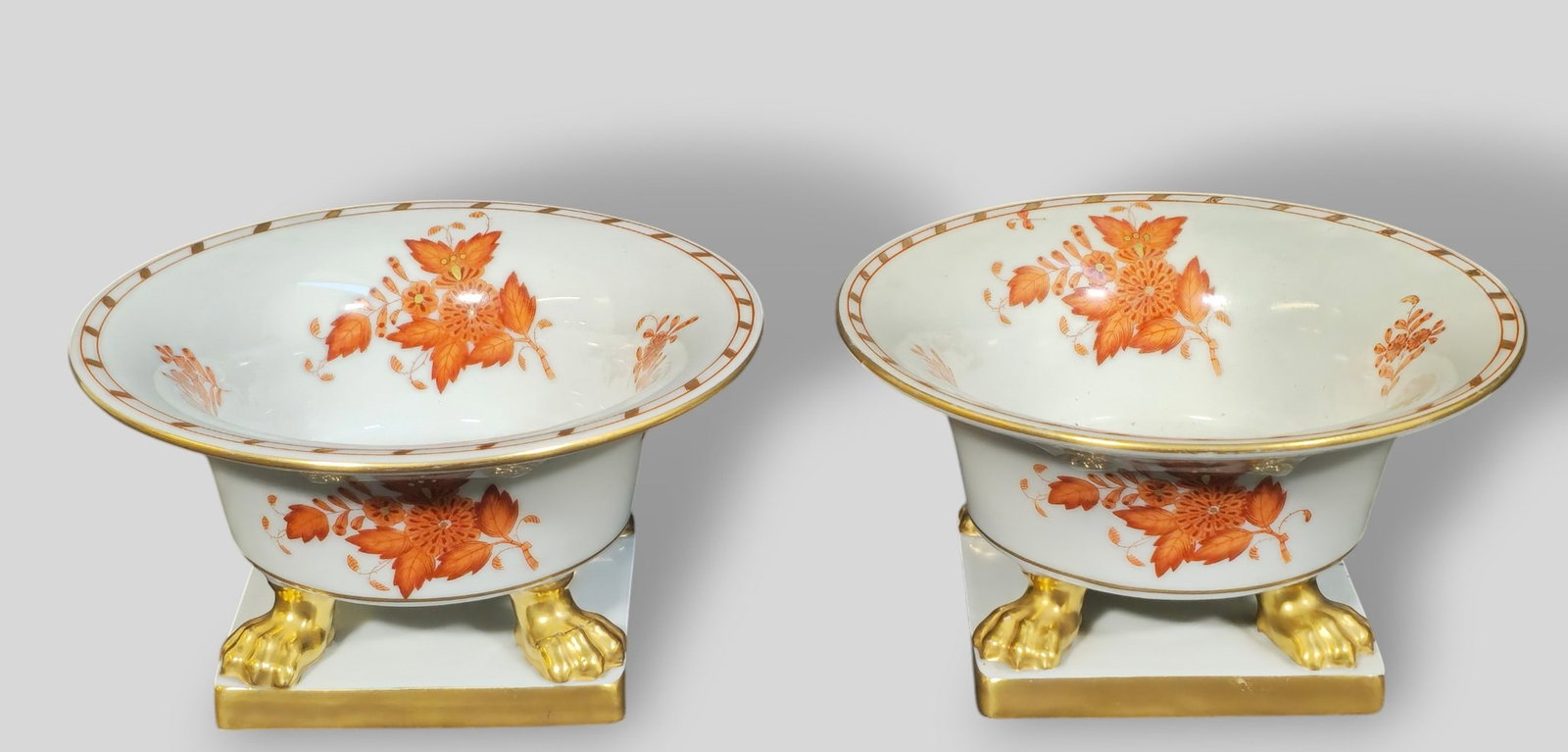 Herend Hungary Chines Bouquet Footed Bowls: Herend Hungary Chines Bouquet Footed Bowls. Pair. Gilt rim, feet and borders. Manufacturer's marks to underside. 5 3/4 dia x 3 1/4h.