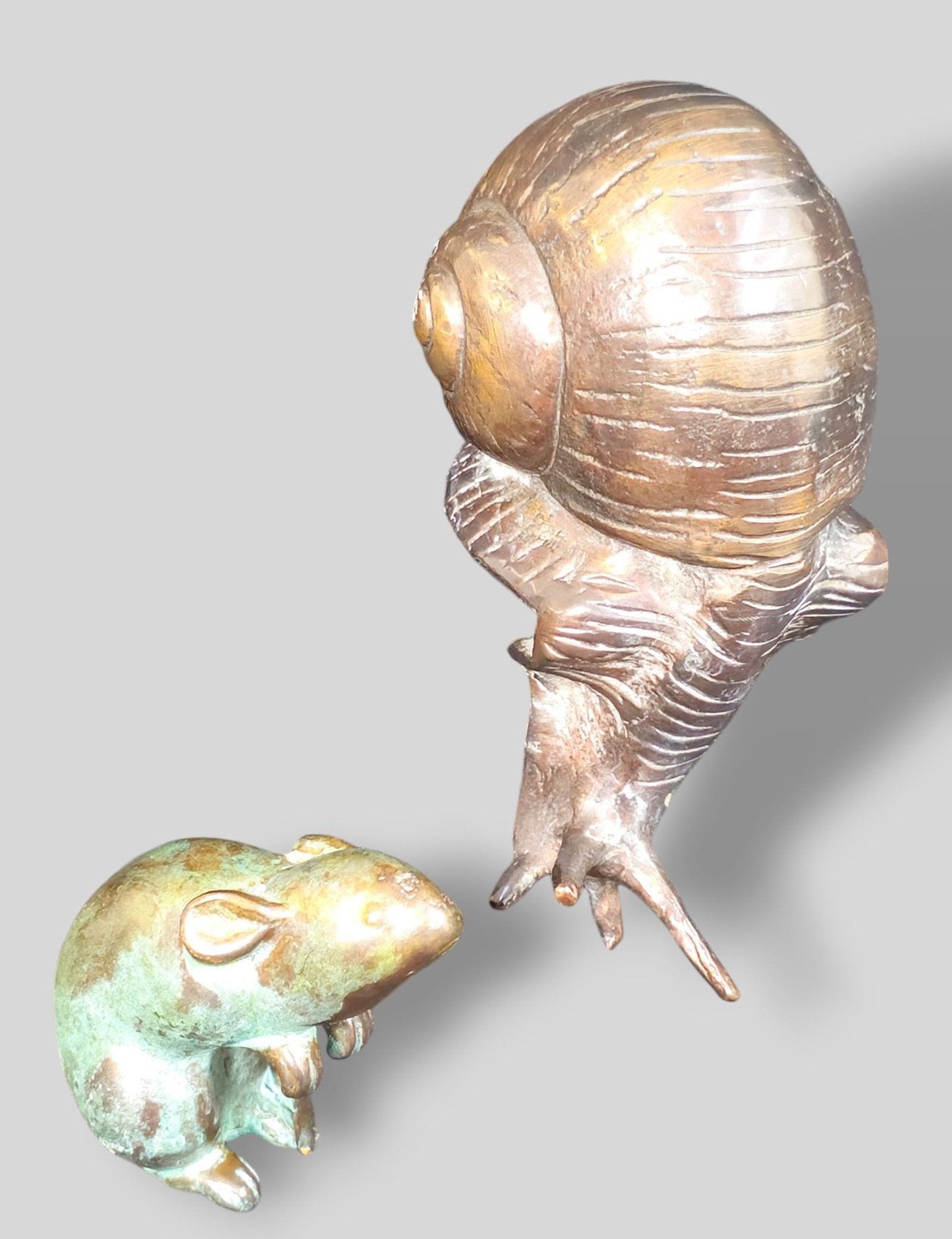 Bronze Clip Snail and Chinese Bronze Mouse: Bronze Clip Snail and Chinese Bronze Mouse. Snail is made to rest on a glass or metal plate. Great detail and beautiful patina. Early 20th Century Chines bronze mouse with variegated patina. Stamped