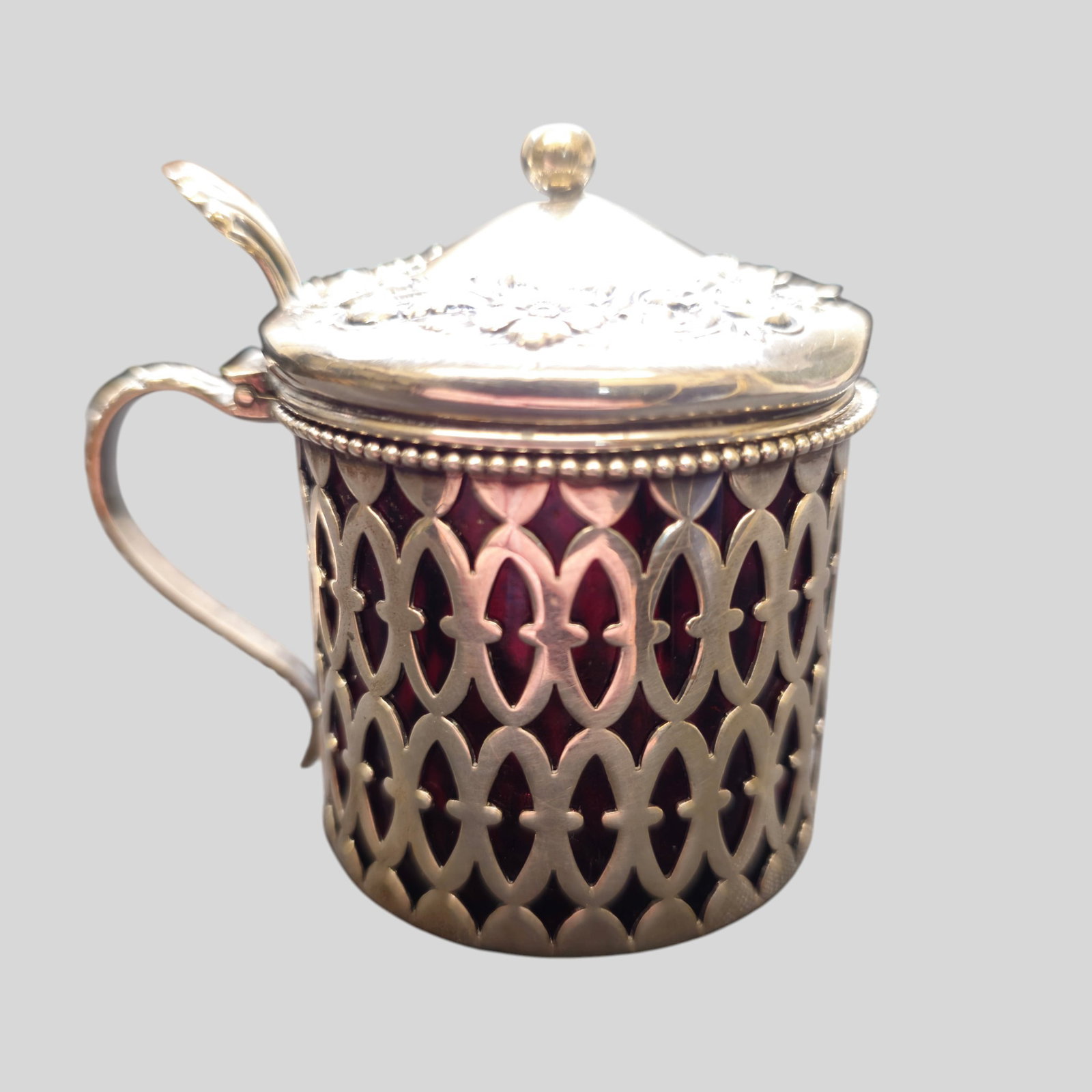 Sterling Silver and Ruby Red Glass Mustard - 4