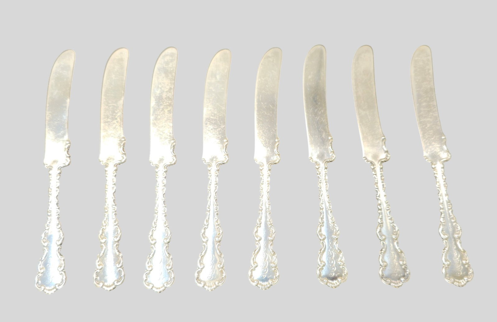 Gorham Strasbourg Sterling Silver Flat Butter Knives: Gorham Strasbourg Sterling Silver Flat Butter Knives. Set of 8. Gadroon borders. 6 1/2 long. Weight 6.78 ozt.