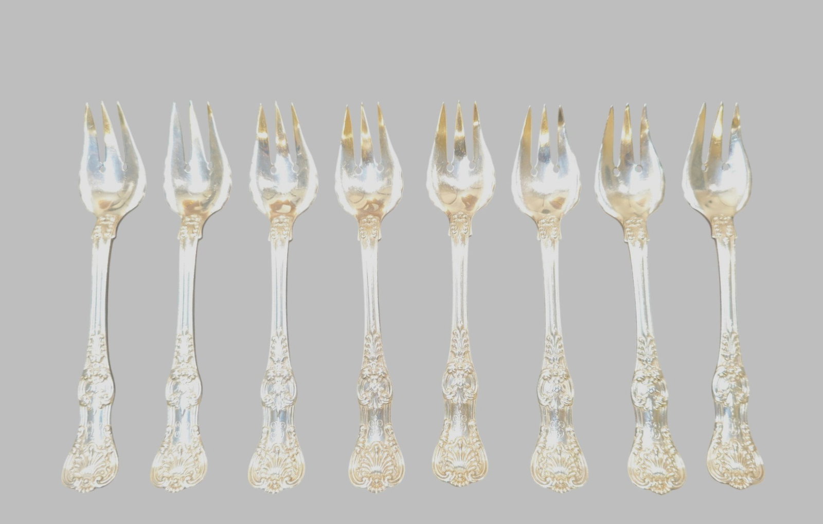 Gorham King George Salad Forks: Gorham King George Salad Forks. Set of 8. Shell embossed handles. Manufacturer's mark to underside. 6 1/2 long. Weight 14.23 ozt.