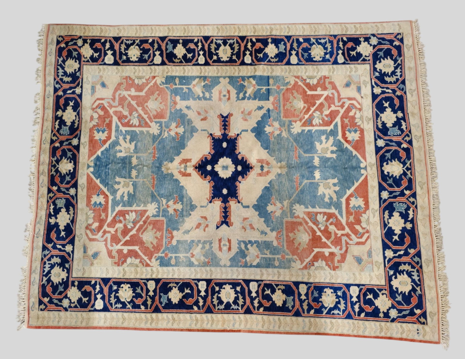 Contemporary Serapi Area Rug: All over garden design blue field. Pastel in colors. Multiple layer borders. 7ft 8in x 9ft 5ft 1/4in.