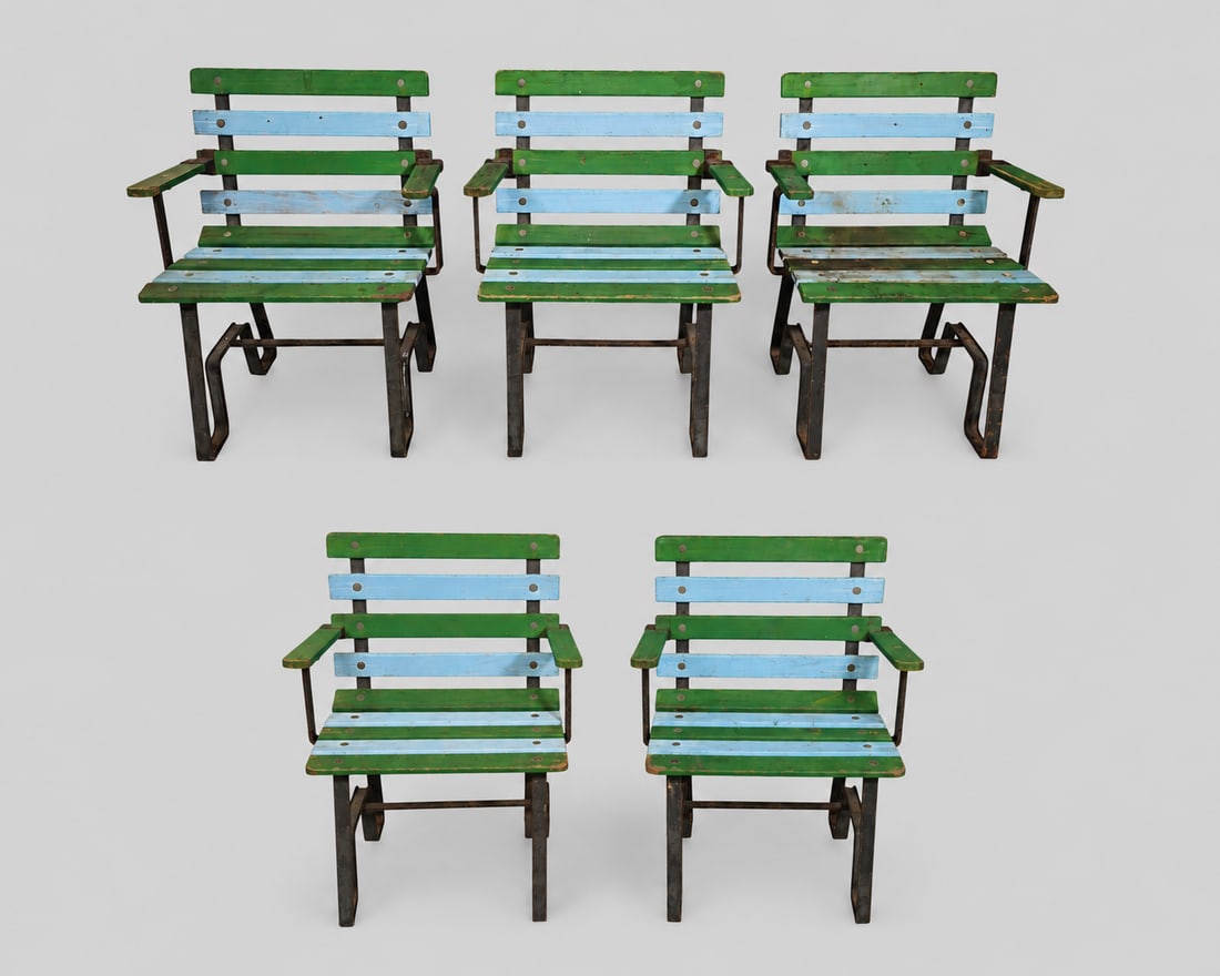 Sunnilane Stewart Industries MCM Chairs: Sunnilane Stewart Industries MCM Chairs. Two arm and USA, 1960s. Enameled steel and lacquered wood. Manufacturer's label to chairs. Armchair - 26 1/2w x 20 1/2d x 32 h. SH - 18. Side chair - 23 1/2w