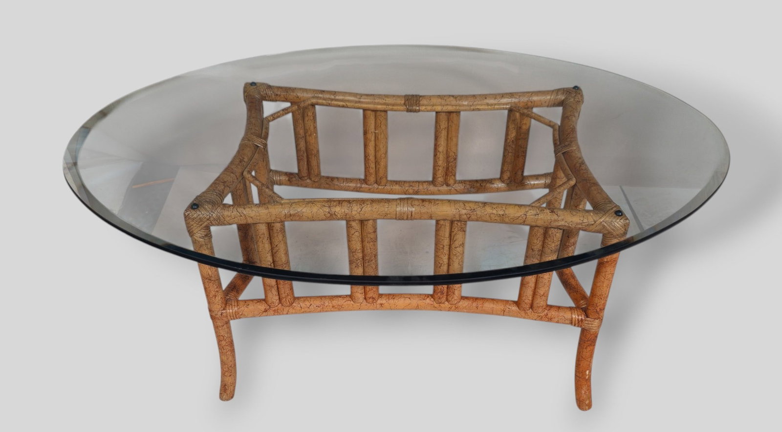 Ficks Reed MCM Bamboo Coffee Table: Ficks Reed MCM Rattan Coffee Table. Ficks Reed Inc. USA. 1970s. Rattan and glass. 45 w x 32d x 17 1/2h.