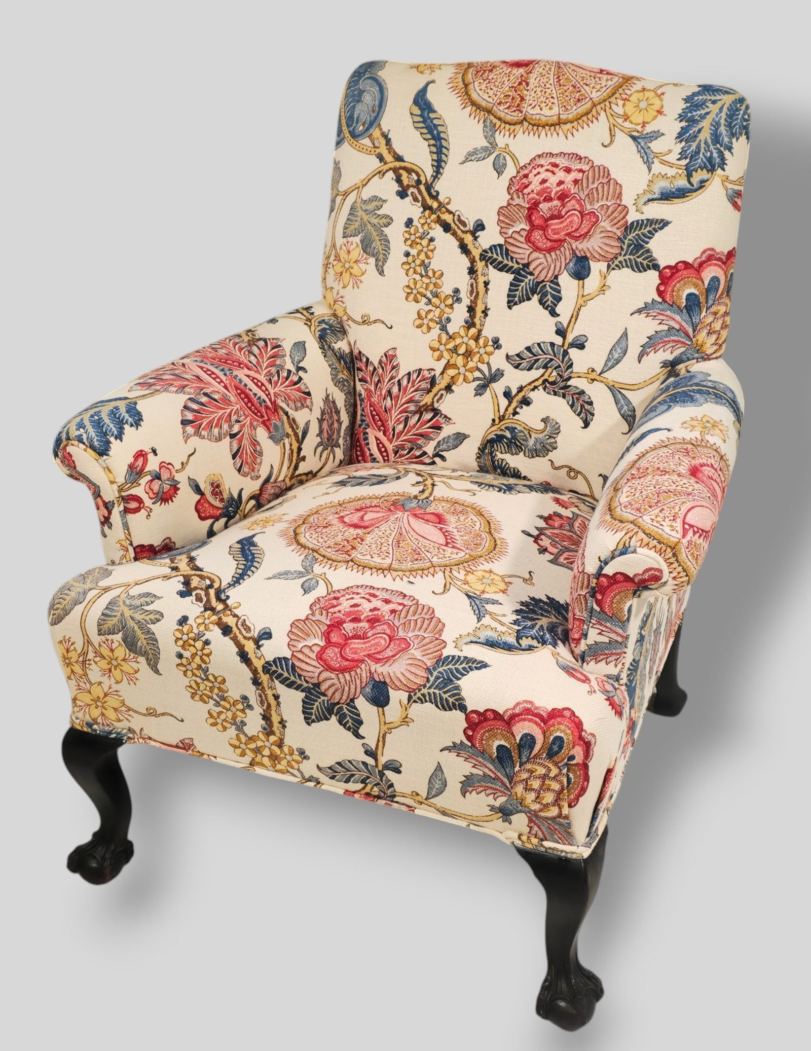 1920s Chippendale Ball and Claw Lounge Chair: 1920s Chippendale Ball and Claw Lounge Chair. Floral linen upholstery and mahogany. 30w x 31d x 34 1/4h. Sh 16.
