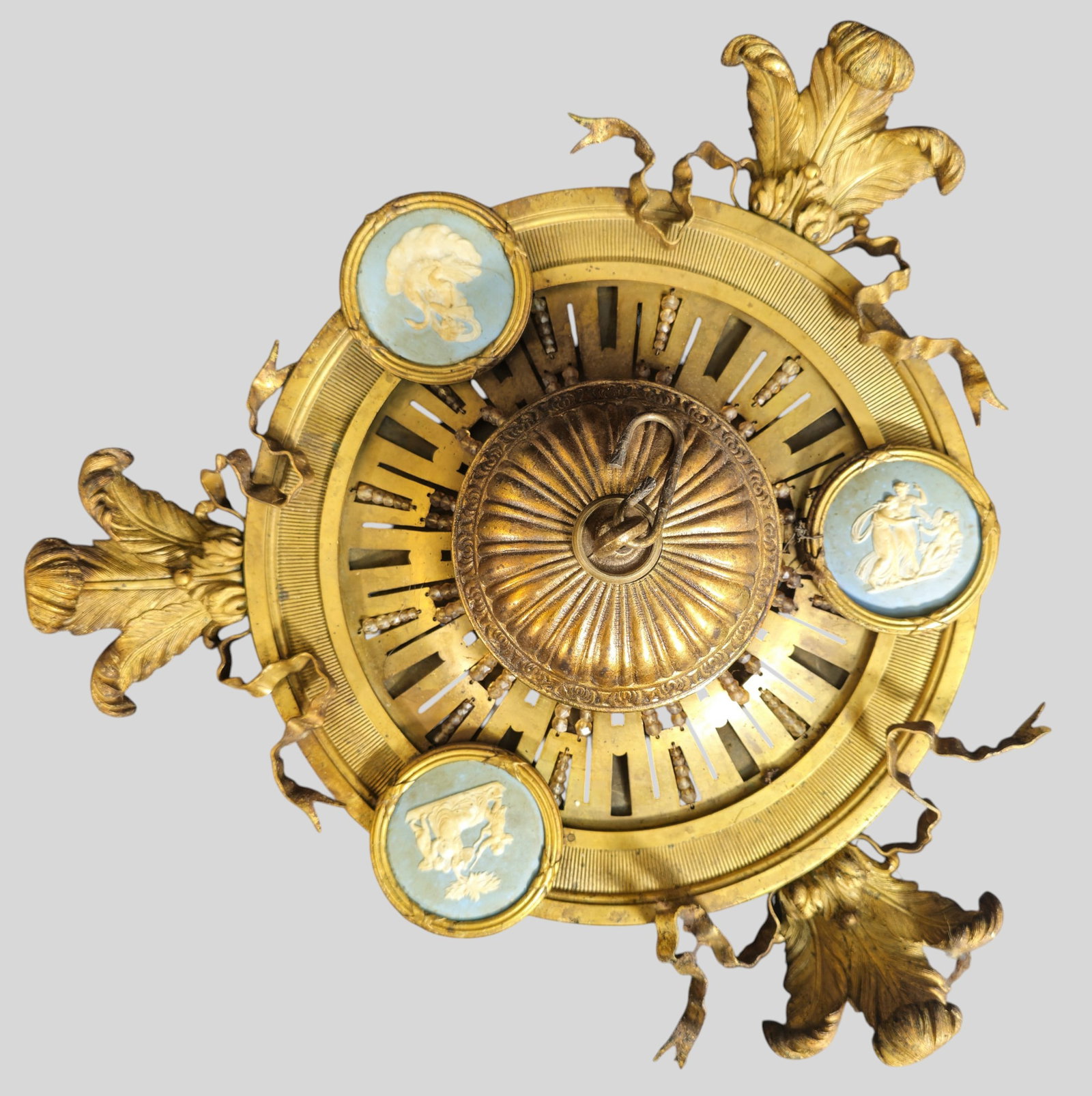 Rare Bronze Chandelier Ceiling Cap Embedded Wedgwood Medallions: Rare Bronze Chandelier Ceiling Cap Embedded with Wedgwood Medallions. Scrolled acnthus leaves and ribbons to border. Round ribbed border and open work conforming brace with beads. Dome bottom with