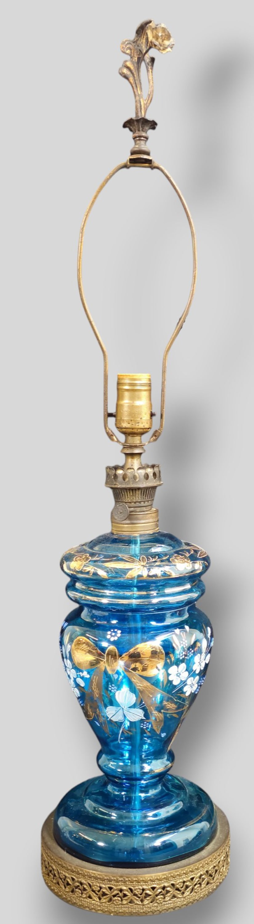 Blue Glass Table Lamp White and Gold Enamel Floraf Motif (1 of 8)