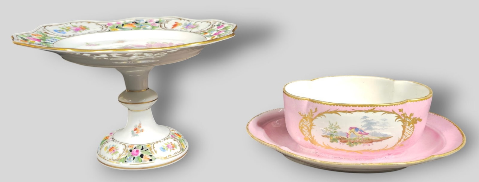 Porcelain Floral Compote and Old Paris Chip N' Dip Bowl: Porcelain Floral Compote and Old Paris Chip N' Dip Bowl. Decorated with birds in landscape. Compote 9 1/8 dia x 5 1/2h. Chip N' Dip 9 1/2w x 7 1/2d x 3 1/2h.