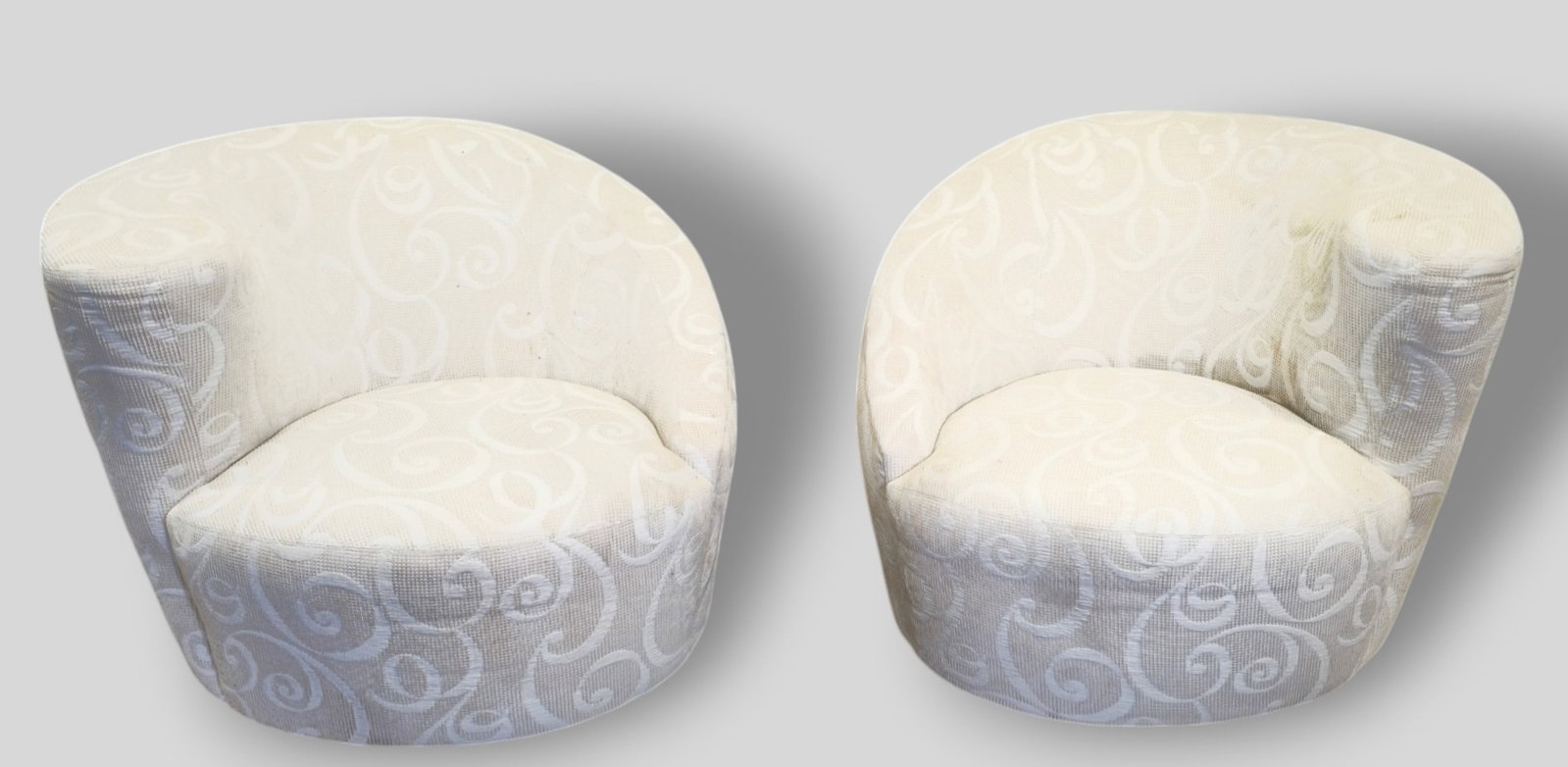 Vladimir Kagan Attribution Nautalis Swivel Lounge Chairs: Vladimir Kagan Attribution Nautalis Swivel Lounge Chairs. USA, 1970. Upholstery and wood. 36 1/2w x 38 1/2d x 29 1/2h, SH-18.