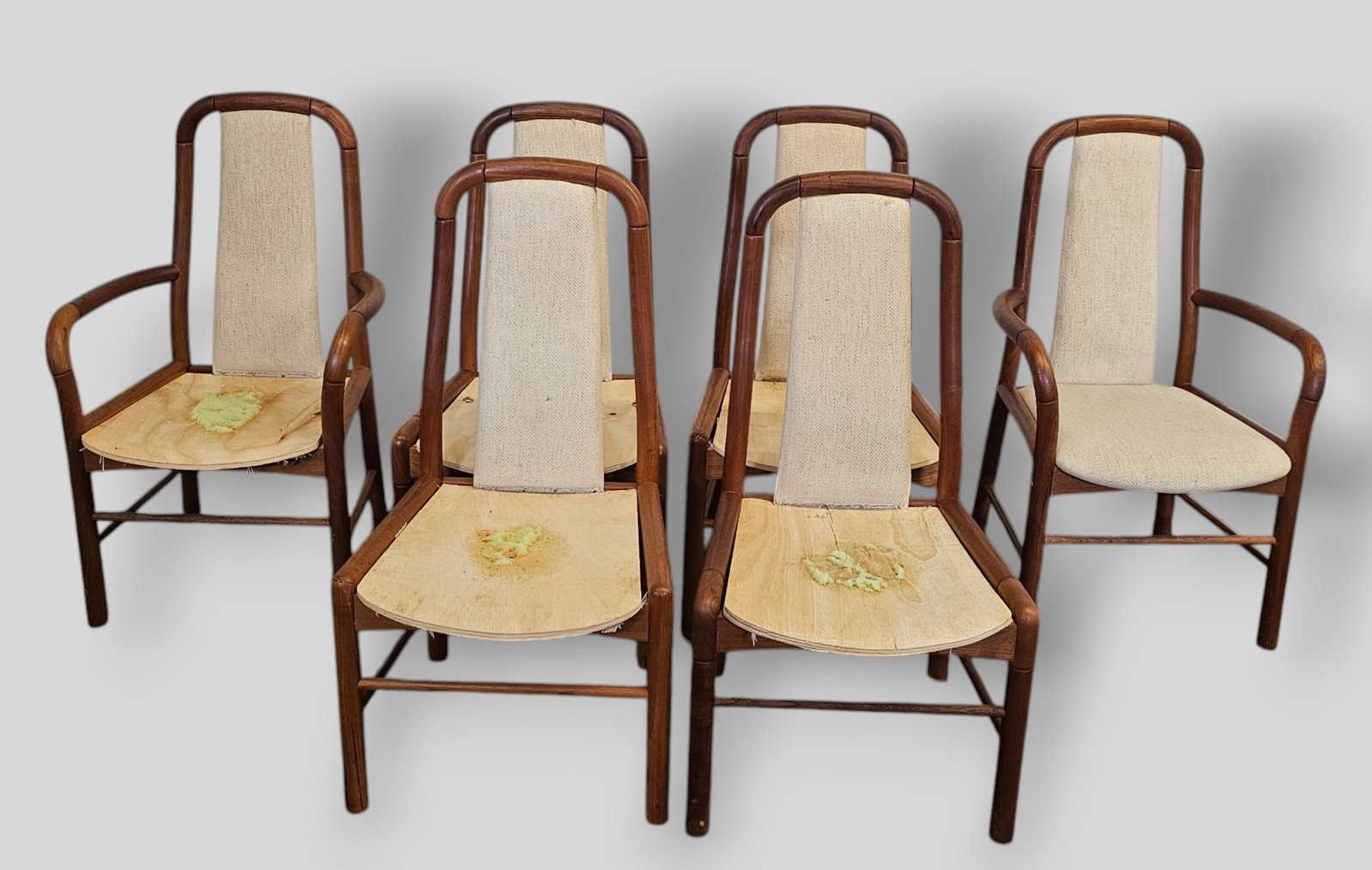 Benny Linden Dining Chairs: Benny Linden Dining Chairs. Set of (6); two arm and (4) side chairs. Benny Linden Designs, 1970s. Teak and upholstery. Armchairs - 23 1/2 h x 20 d x 40h. Chairs - 21 1/2 w x 20d x 40h. SH-18.