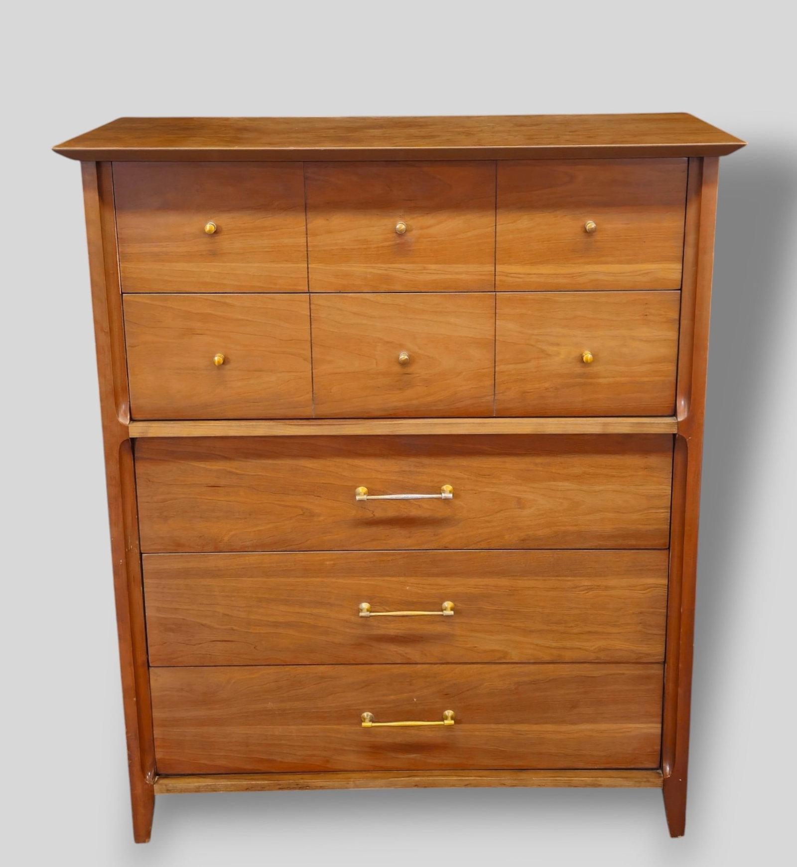 Basic Witz MCM Dresser/Chest: Basic Witz MCM Dresser/Chest. USA, 1960. Walnut and brass plated metal. 38w x 20d x 43 1/2h.