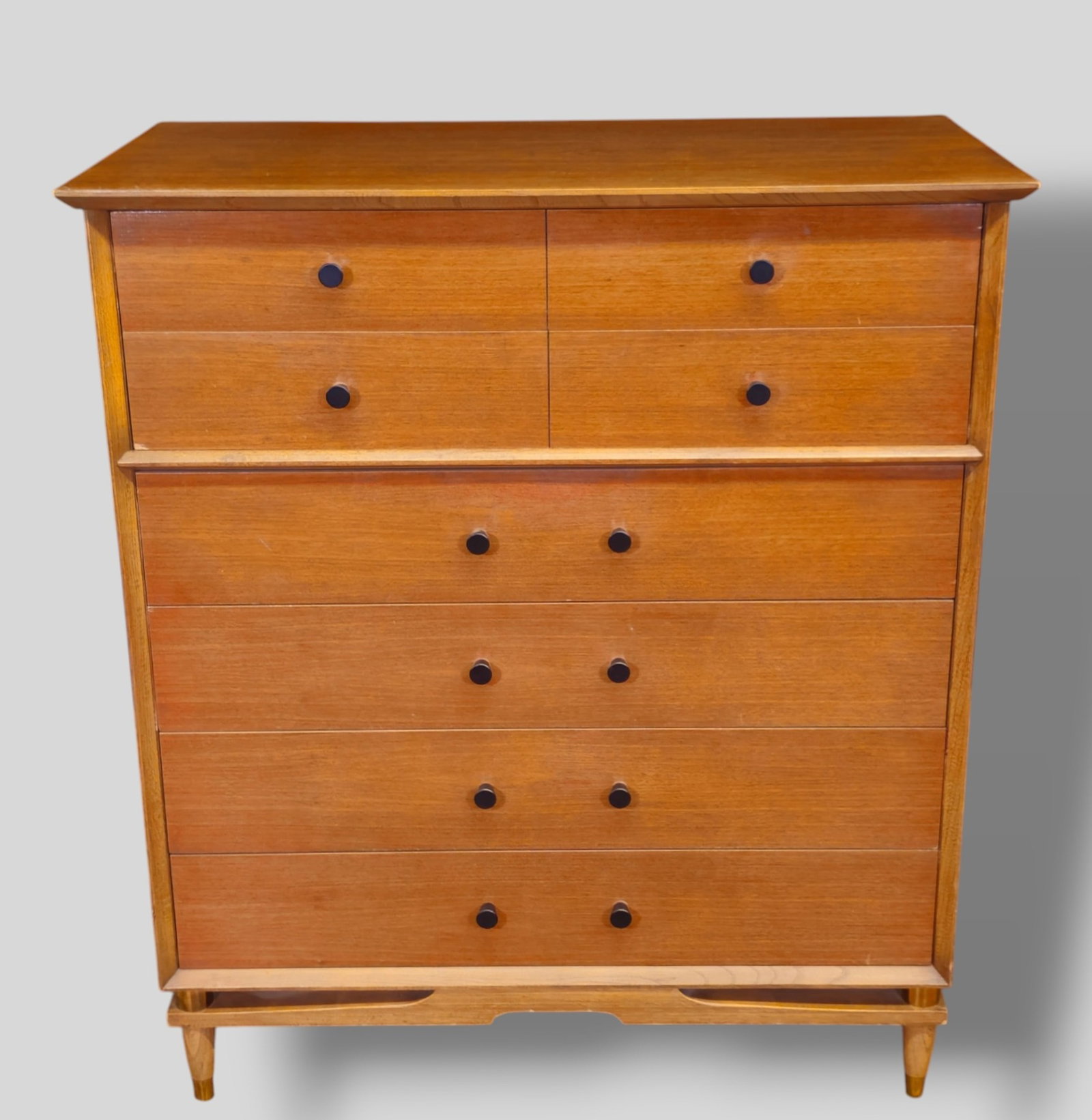 Cavalier MCM Dresser/Chest: Cavalier MCM Dresser/Chest. USA, 1958. 6 drawers. Walnut and black enamel metal. 38 1/4w x 19 1/2d x 45h.