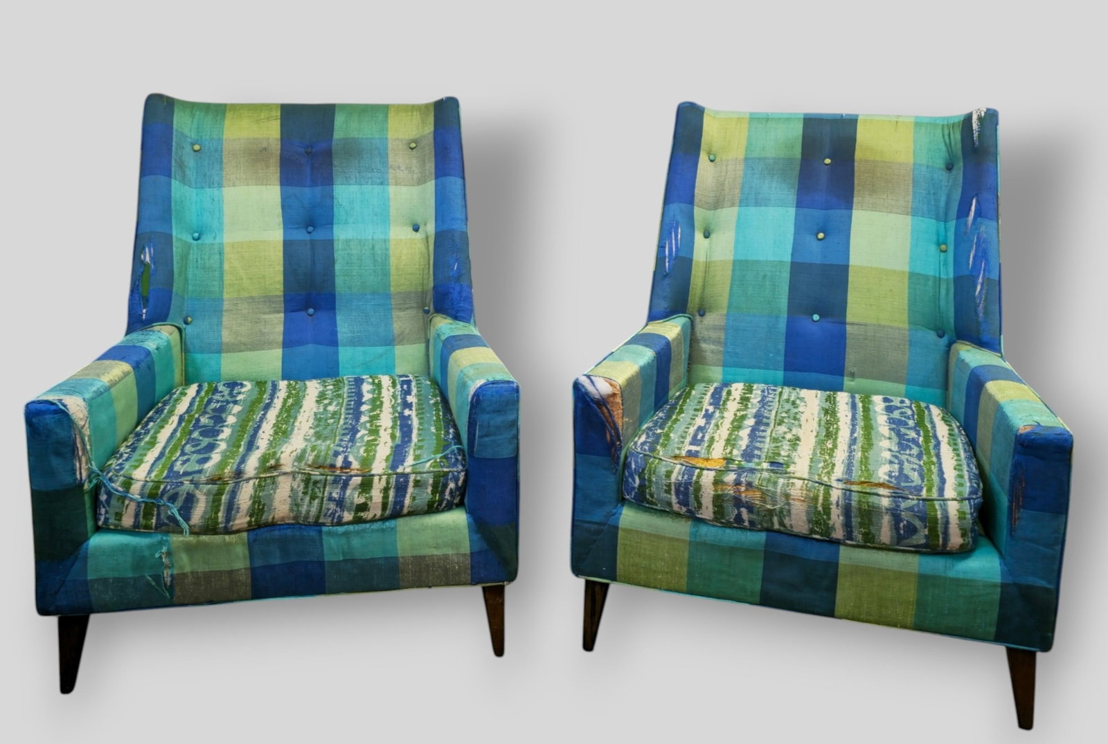Harvey Probber High Back Lounge Chairs: Harvey Probber High Back Lounge Chairs. Pair. Harvey Probber Inc. USA, 1957. Upholstery and mahogany. 30w x 32d x 37h, SH-15 1/2.