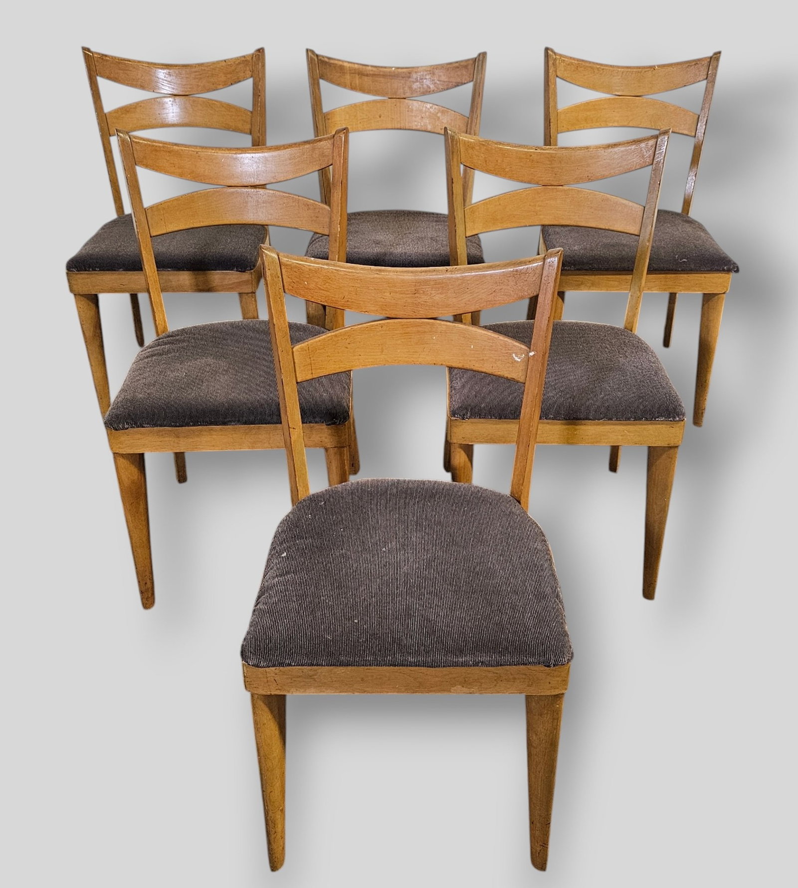 Heywood Wakfield Cats Eye Dining Chairs, Model #M1553: Heywood Wakfield Cats Eye Dining Chairs. Set of 6. Platimun finish. USA, 1956. Maple and upholstery. 18w x 16d x 27 3/4h, SH-20.