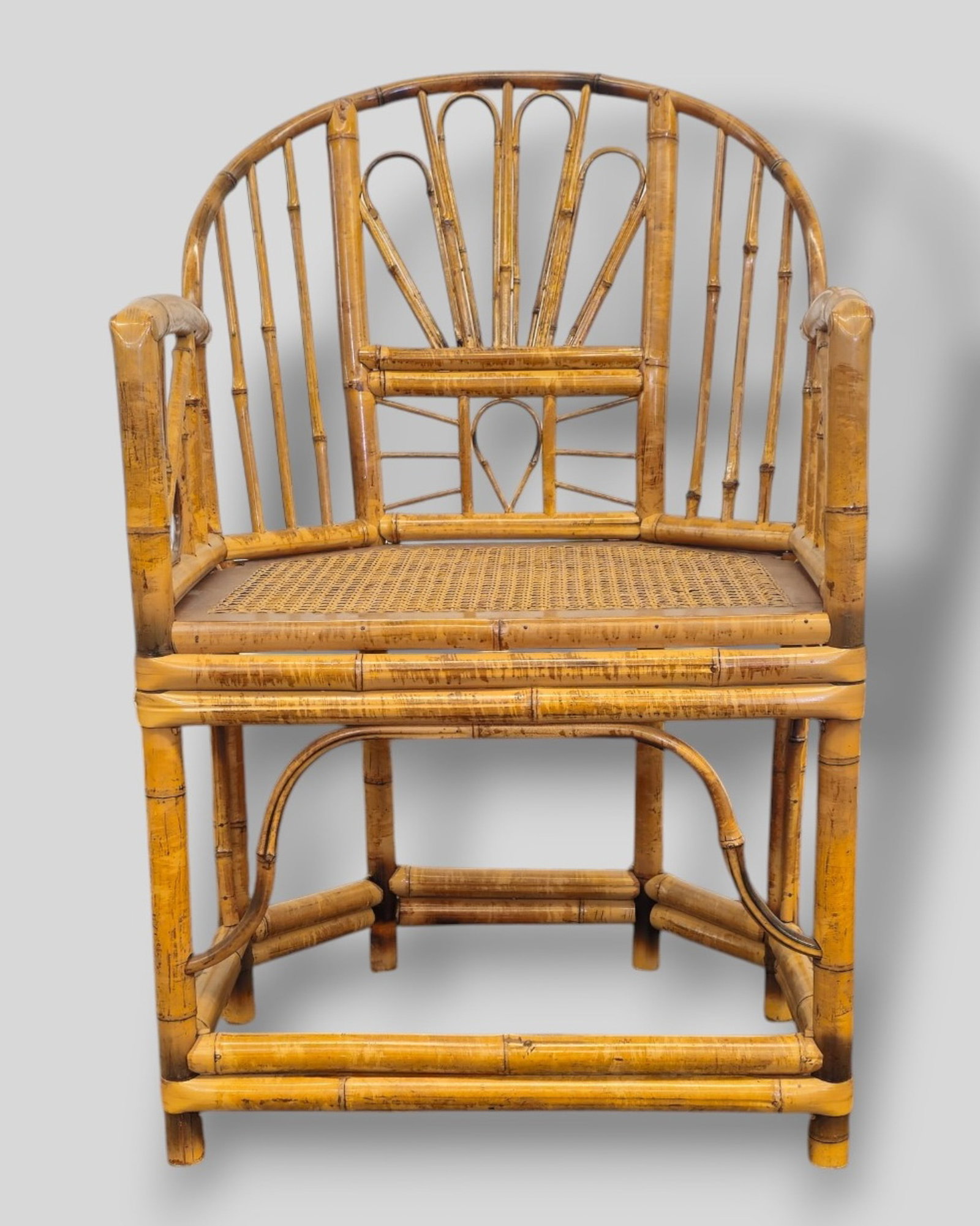 Chinoiserie Brighton Pavilion Style Armchair: Chinoiserie Brighton Pavilion Style Armchair. 1970s. Bamboo and cane. 21 1/2w x 18d x 35h, SH-18.