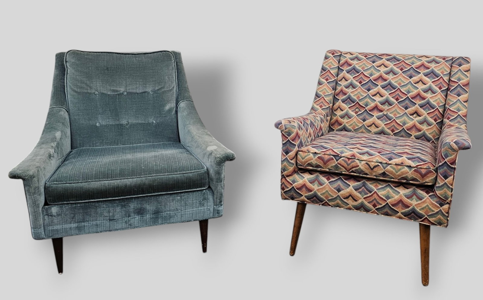 MCM Lounge Chairs Milo Baughman Style: MCM Lounge Chairs Milo Baughman Style. Two chairs. USA. 1950s. Upholstery and walnut. 31w x 30d x 31 3/4h. Sh-36. 31 1/2w x 30d x 30 1/4h Sh-15.