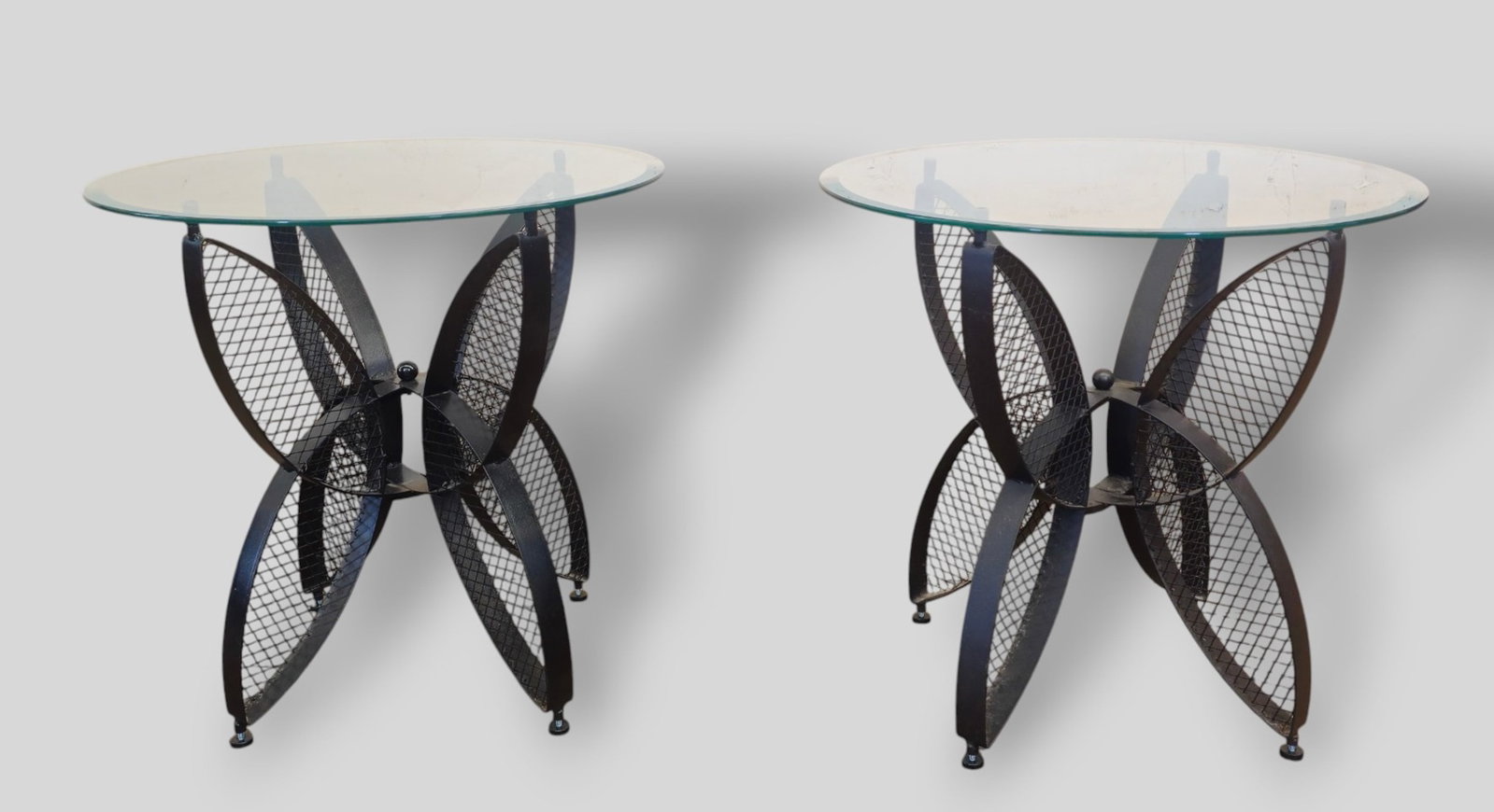 Maurizio Tempestini Butterfly Occasional Tables: Maurizio Tempestini Butterfly Occasional Tables. Pair. John Salterini Inc. USA, 1960s. Glass & enameled metal. 25 1/4dia x 23 1/2h.
