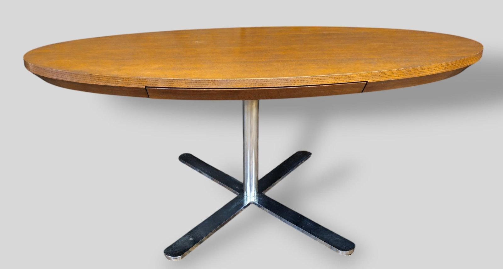 Nicos Zographos Desk: Nicos Zographos Desk. Zographos Designs Ltd. Greece/USA. 1960. Oak and stainless steel. Desk has one drawer. 74 3/4w x 42 1/4d x 30 1/2h.