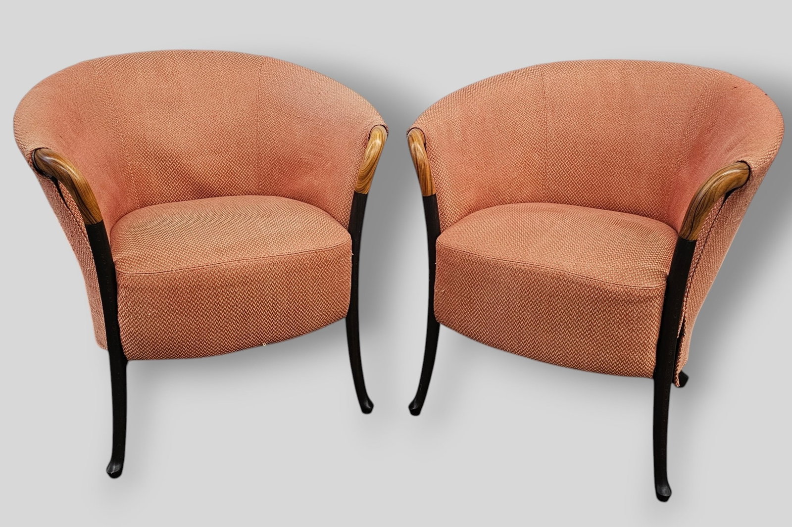 Umberto Asnago Progetti Lounge Chairs: Umberto Asnago Progetti Lounge Chairs. Pair. Giorgetti. Italy, 1980s. Manufacturer's label to underside. Rosewood, enameled wood and silk upholstery. 30w x 26d x 34 3/4h. Sh-18 1/2.