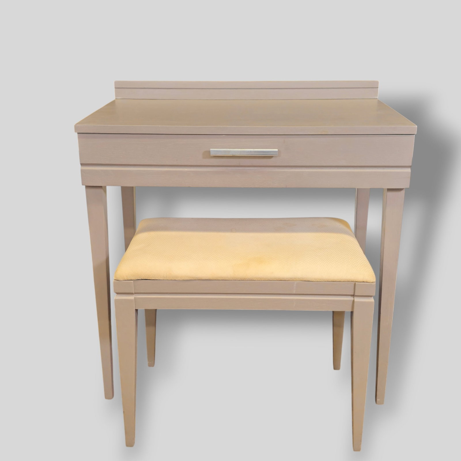 Raymond Loewy Vanity/ Hallway Console and Stool: Raymond Loewy Vanity/ Hallway Console and stool. Mengel. Manufacturer's mark to drawer. Aniline dyed oak and aluminum. 30 1/4w x 18 1/2d x 31 3/4.