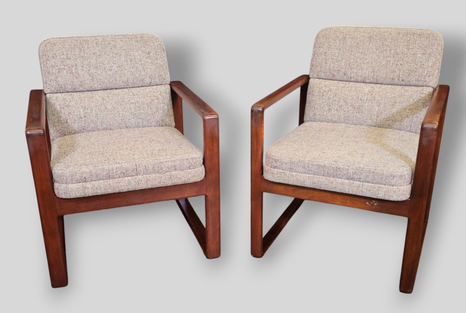 MCM Walnut and Upolstered Lounge Chairs: MCM Walnut and Upolstered Lounge Chairs. Pair. 24 3/4w x 27d x 31h. Sh-18 1/2.