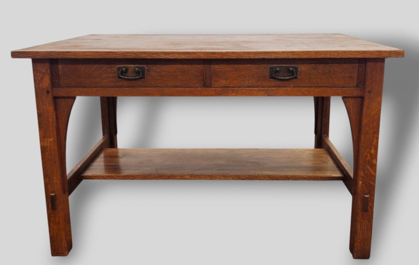 L & JG Stickley Mission Oak Desk: L & JG Stickley Mission Oak Desk. Two drawers with original hardware. Marked to interior of drawer. Original finish. 47 3/4w x 29 3/4d x 29 1/4h.