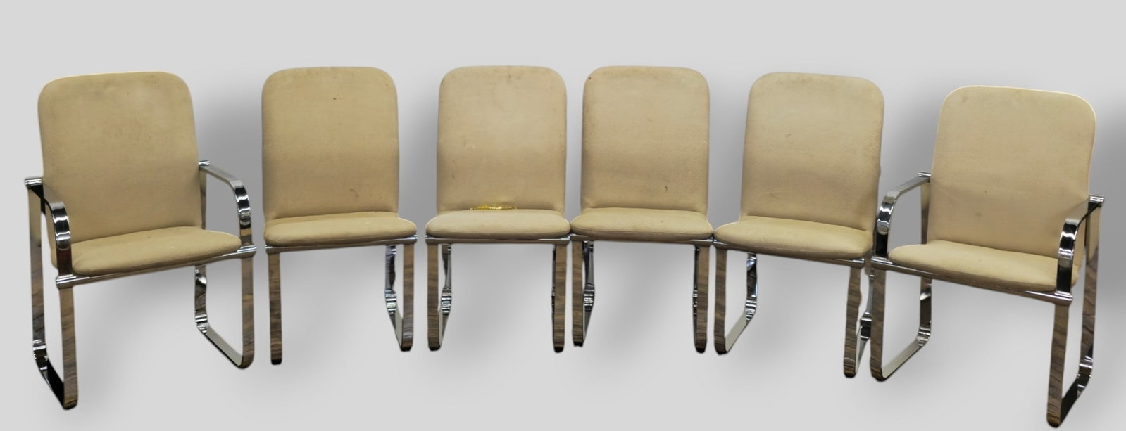 DIA Dining Chairs: DIA Dining Chairs. Set of 6. Two arm chair and six side chairs. Chrome plated metal and leather. Arm- 23w x 23d x 37h, Sh-18 1/4. Side- 17 1/2 x 25d x 36 1/2h, Sh-18