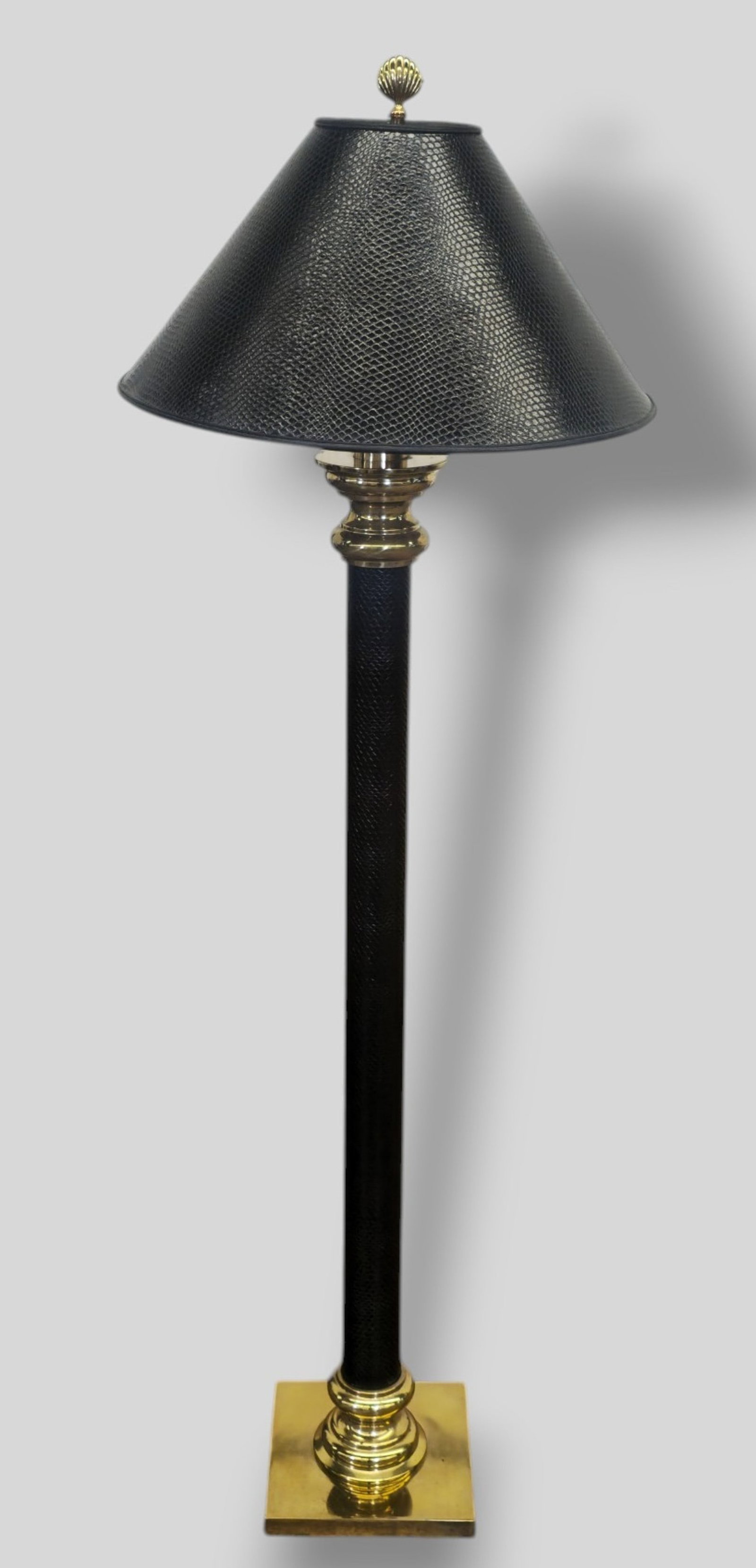 Stiffel Faux Snake Skin and Brass Floor Lamp: Stiffel Faux Snake Skin and Brass Floor Lamp. USA, 1980. 19 dia x 58h.