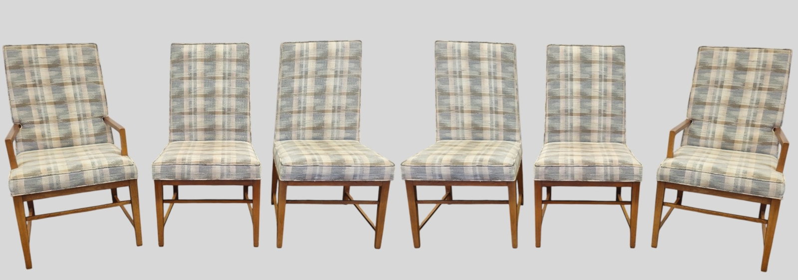 Jack Cartwright Founders Dining Chairs: John Cartwright Founders Dining Chairs. Set of 6. Two arm and 4 side chairs. Walnut and upholstery. Armchair 21 1/2w x 24d x 39h. Sh-18. 19w x 24d x 39h. Sh-18.