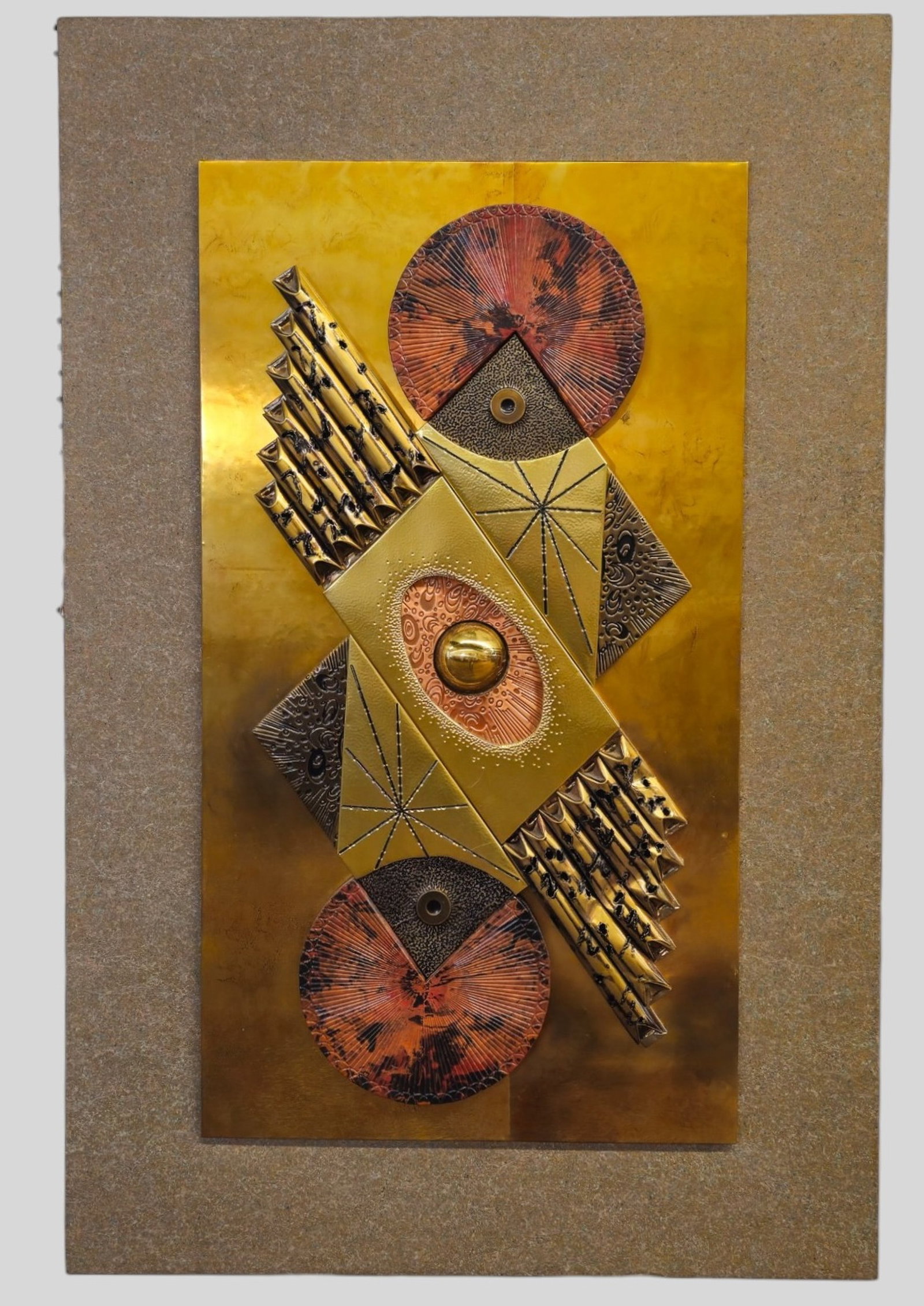 Stephen Churn Brutalist Wall Plaque: Stephen Churn Brutalist Wall Plaque. USA, 1970s. Copper and brass mounted to canvas. Plaque size (Not including canvas) 36w x 1d x 20h (Horizontal)