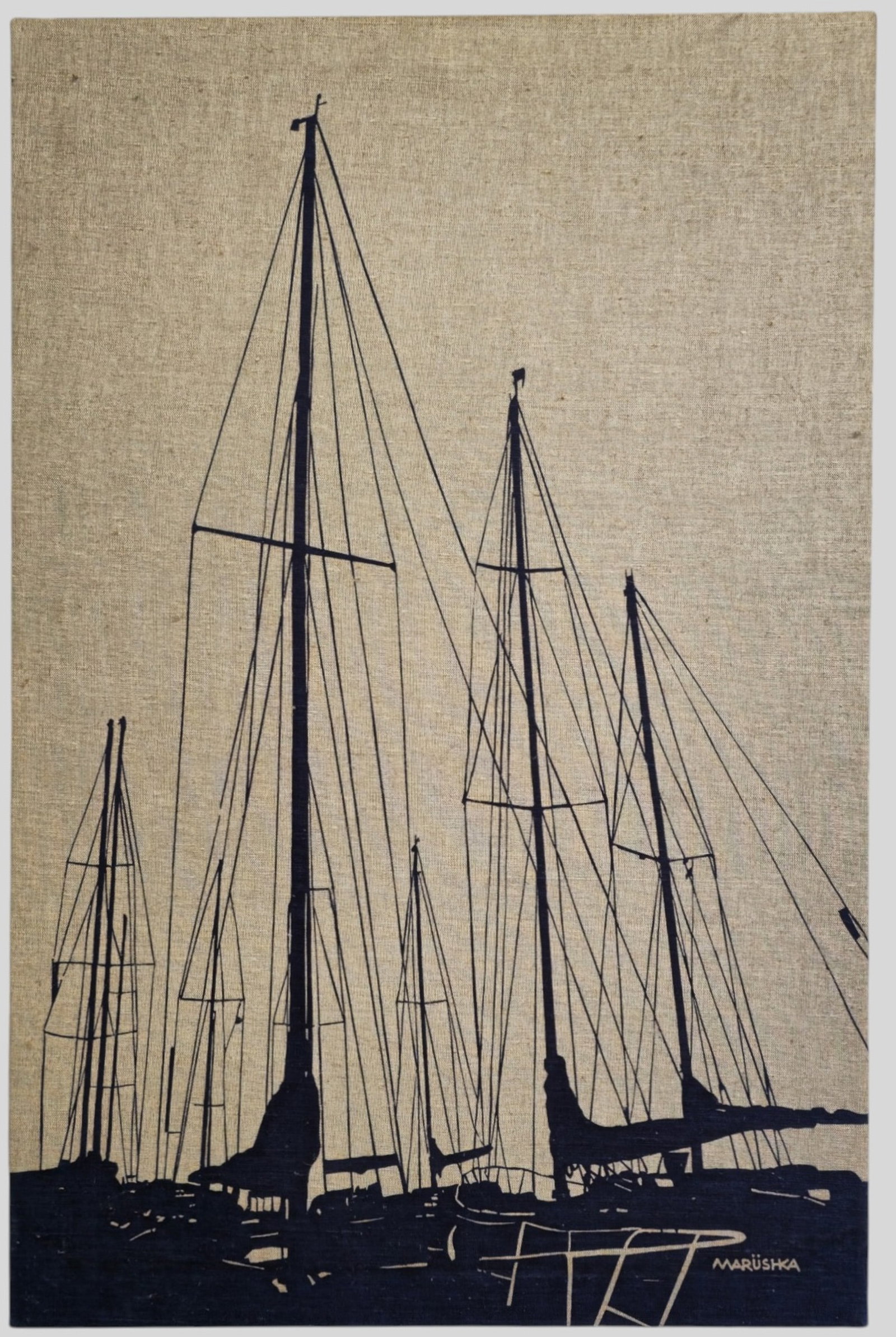 Maruska Sailboat Screen Print Canvas: Maruska Sailboat Screen Print Canvas. Manufacturer's mark to upper corner. 24w x 1d x 36h.