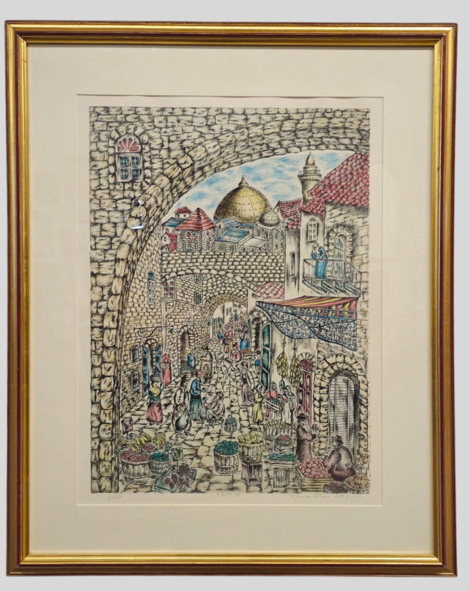Itzchak Ben Shlomo Lithograph: Itzchak Ben Shlomo (20th Century) Lithograph on paper. Market scene. Signed and titled lower margin. Professionally framed and matted. Image size 24 x 17. Frame 33 1/2 x 26 1/2.
