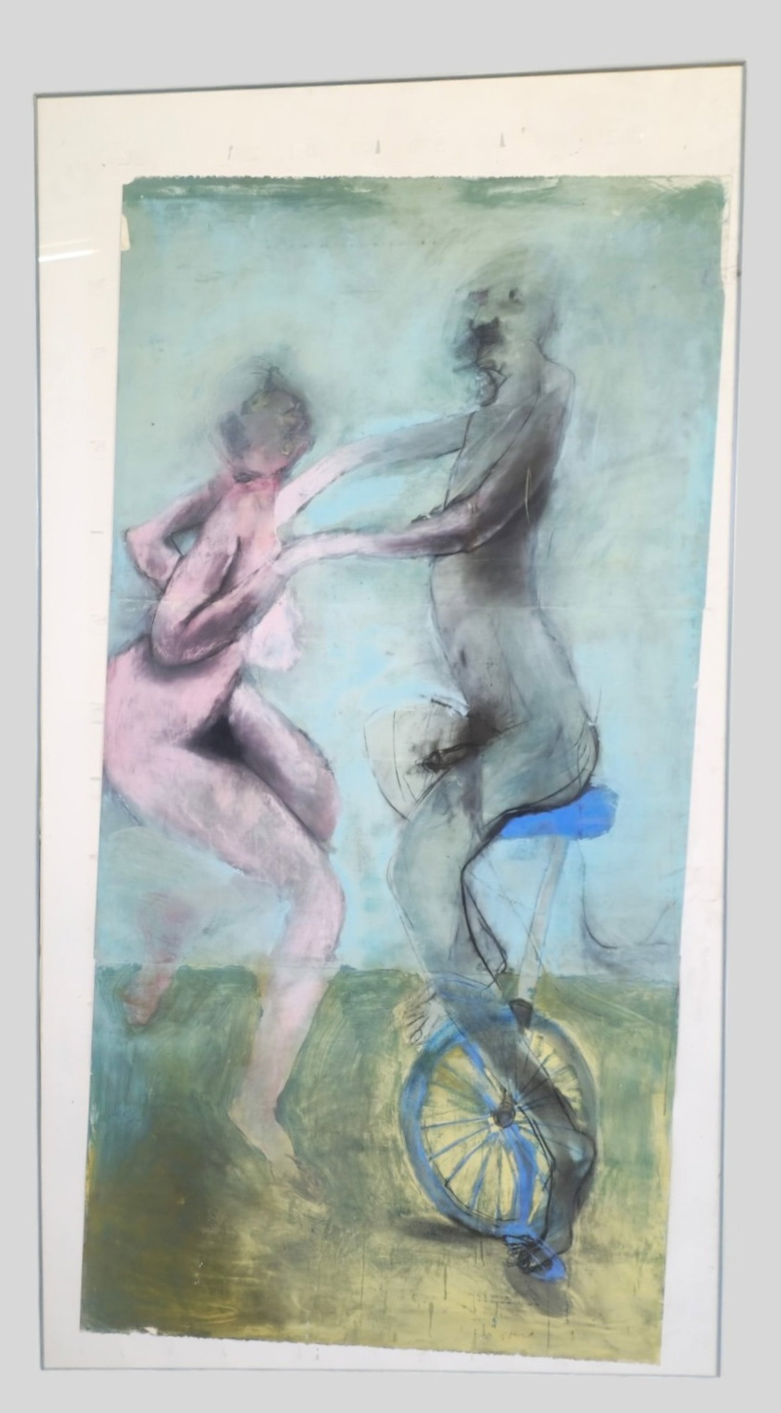Abstract Expressionist Gouache, Illegible: Abstract Expressionist Gouache, Illegible. Male figure on a unicycle reaching for a lady figurine. Signed lower right. Size 84 3/4 x 43 3/4. Frame 94 x 51 3/4.