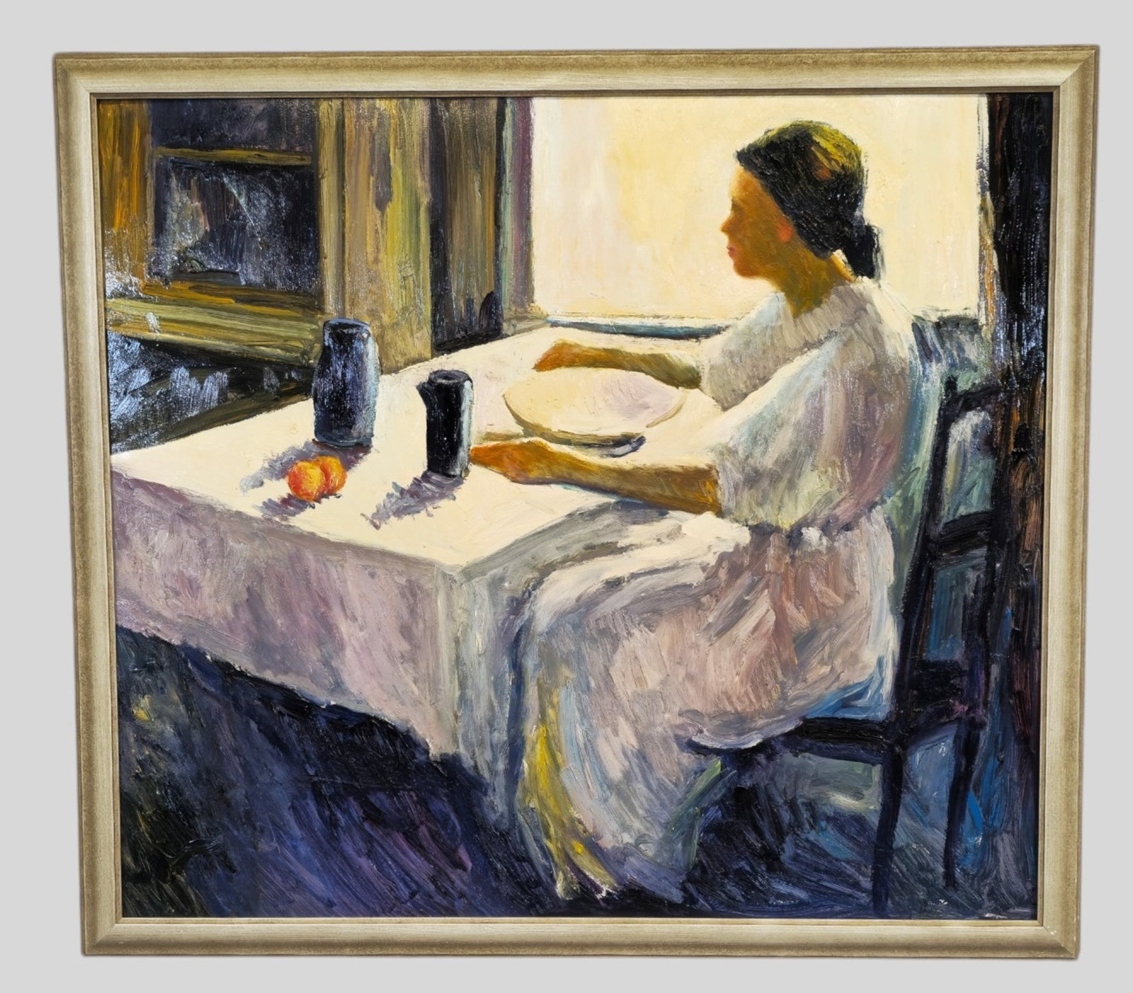 Larry Zink Oil: Larry Zink (20th Century, OH) oil on board, untitled. Lady sitting at a table. Signed lower left. Sight 29 1/2 x 33 3/8. Frame 33 1/4 x 37.