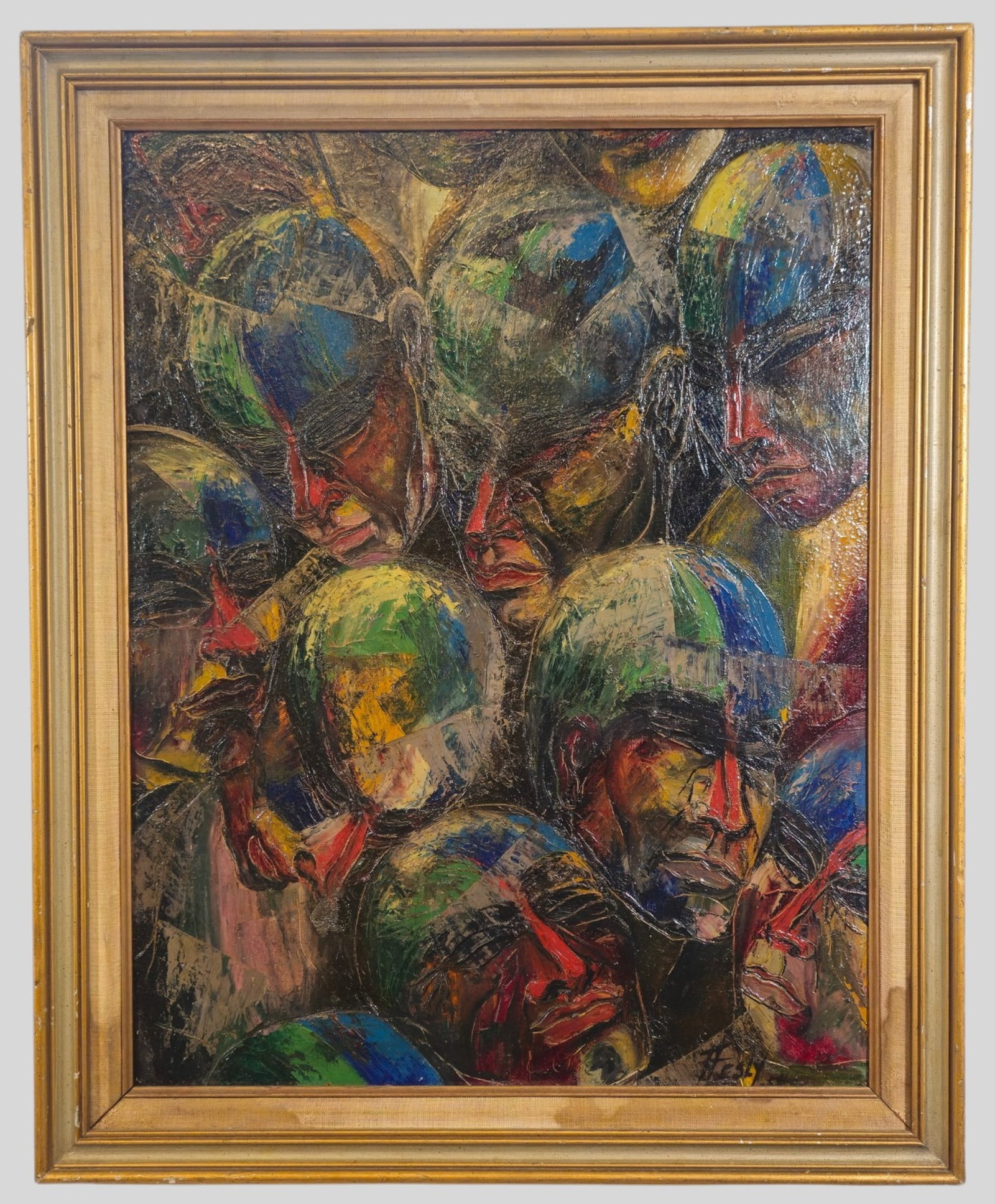 F Lesly Oil: F Lesly (20th Century, American) Oil on artist board. Titled," Mediations" Abstract surrealist of different heads. Singed lower right. Signed and titled to verso. Sight 28 x 21 3/4. Frame 32 1/2 x 26 