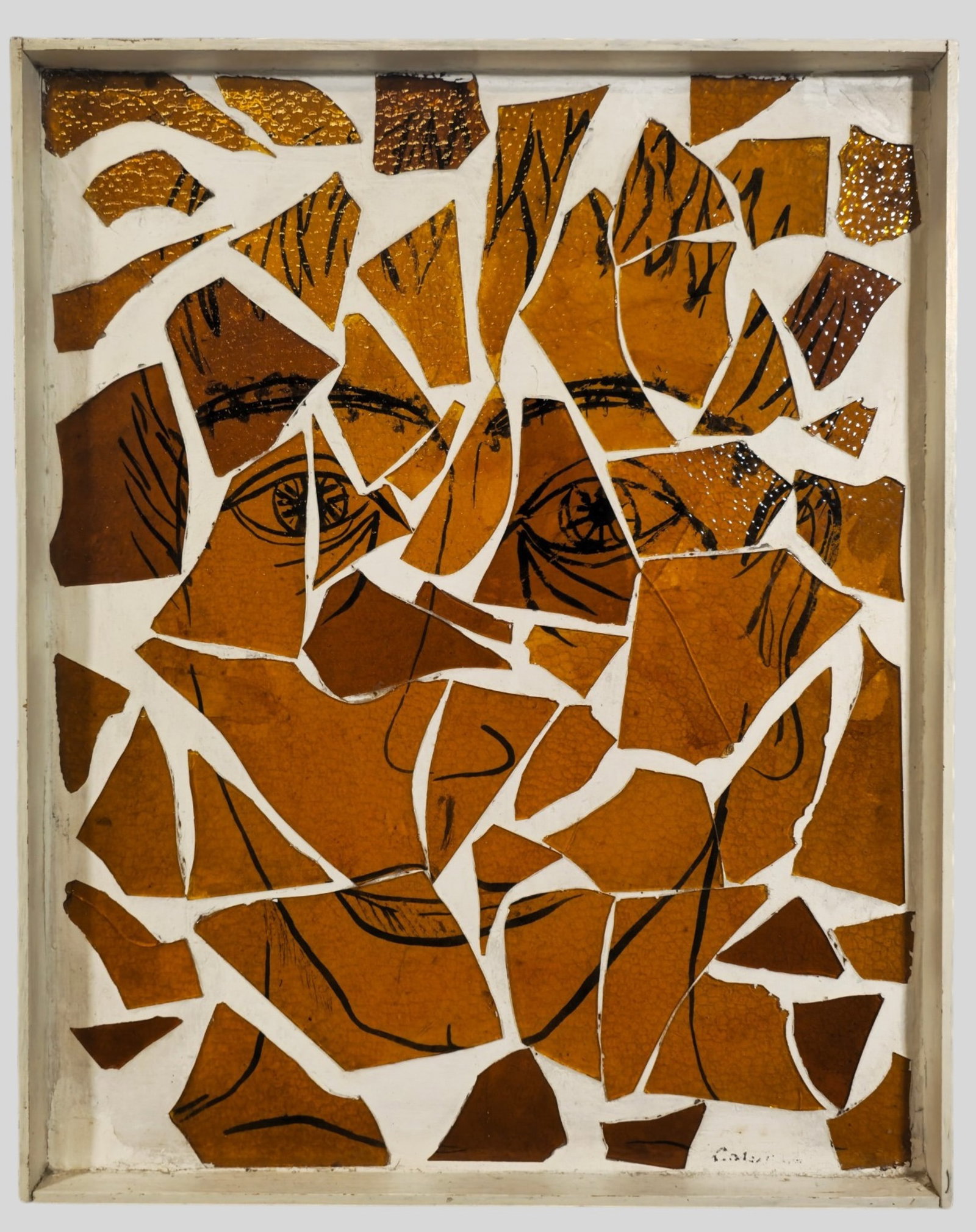 Glass Mosaic Composition: Glass Mosaic Composition on board. Untitled. Face. Signed lower right, illegible. Frame 24 5/8 x 20 5/8.