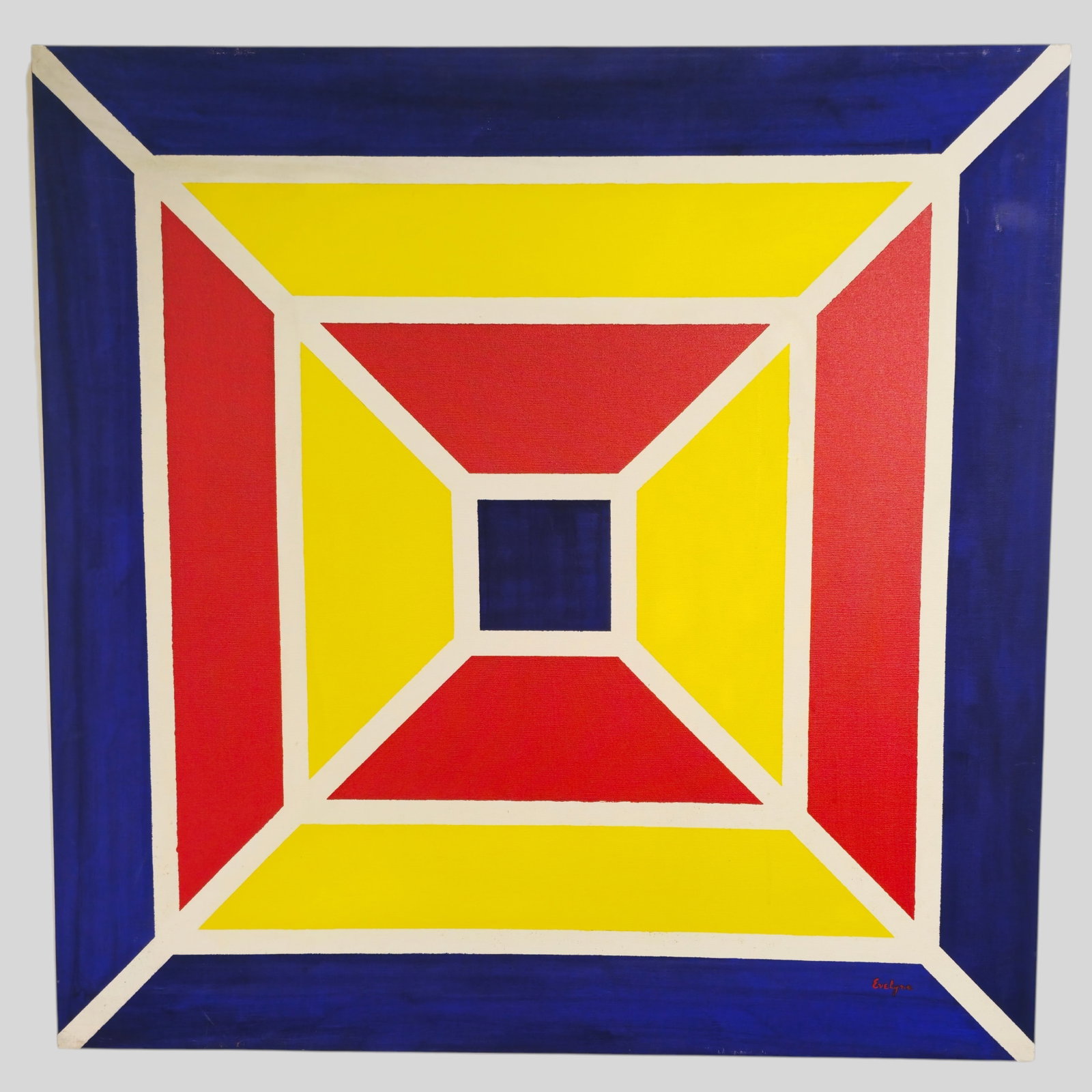 Geometric Composition Oil: Geometric Composition Oil. Signed Evelyn. 1970s. Size 38 x 38.
