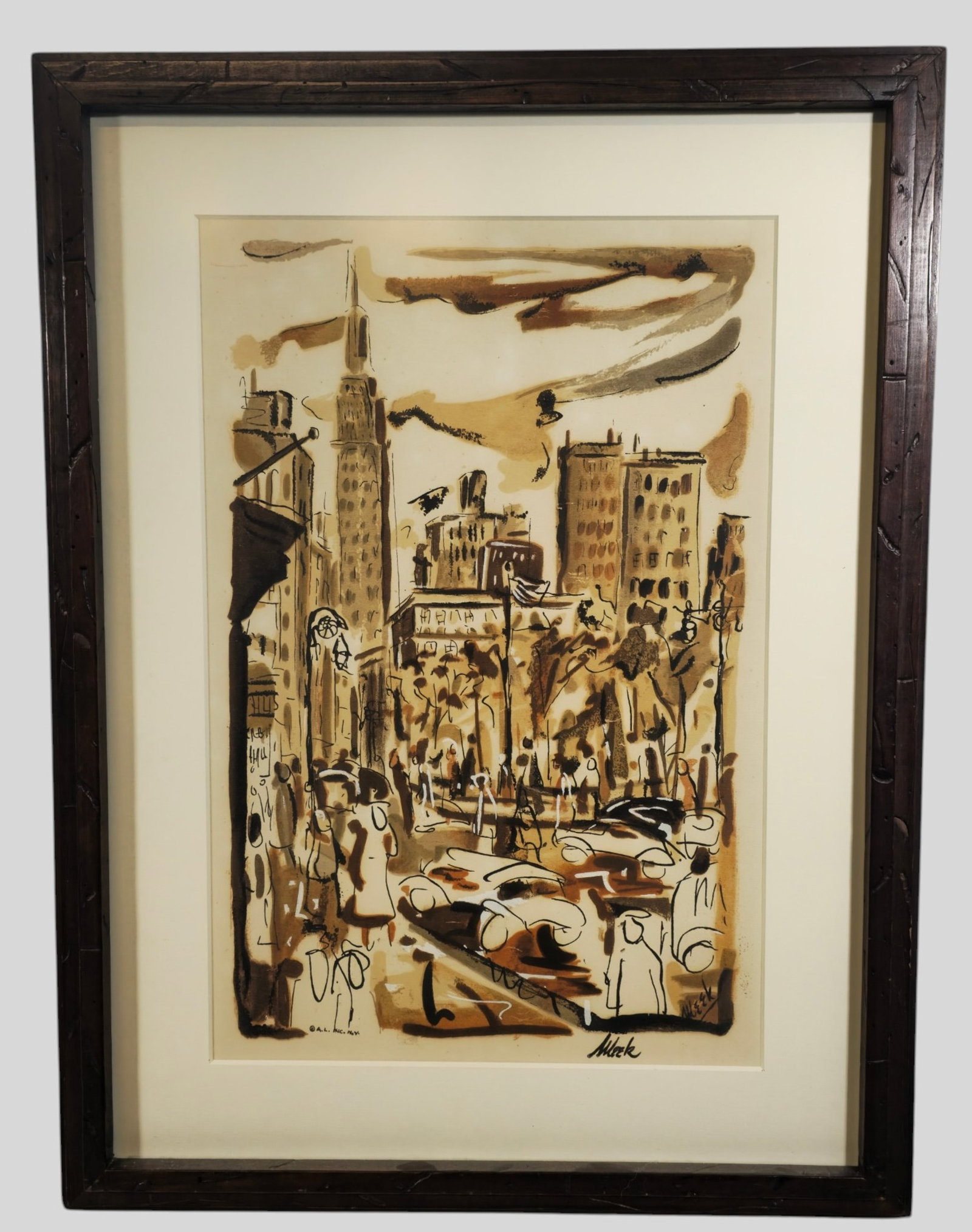 Thomas Meek Jr Watercolor over Lithograph: Thomas Meek Jr (20th Century, NY) Watercolor over Lithograph," New York Art Museum" Signed lower right. Signed in the plate lower right and lower left. Image Size 27 1/2 x 17 1/2. Frame 37 3/4 x 28