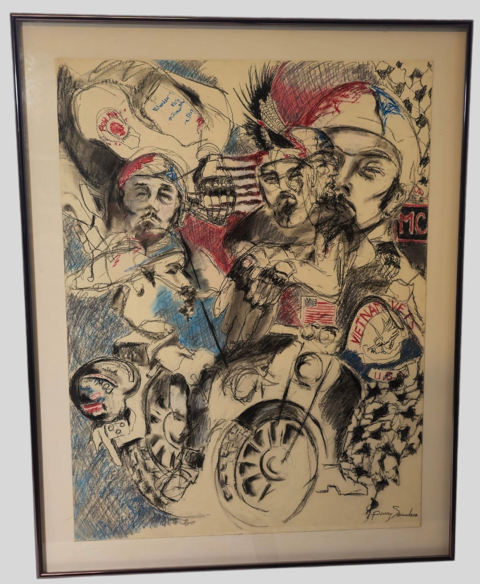 Penny Sauders Mixed Media: Penny Saunders (20th Century, American) Crayon, charcoal and color pencil on paper. POW and MIA surrealist painting. Signed lower right. Size 39 x 30. Frame 46 1/2 x 36 1/2.