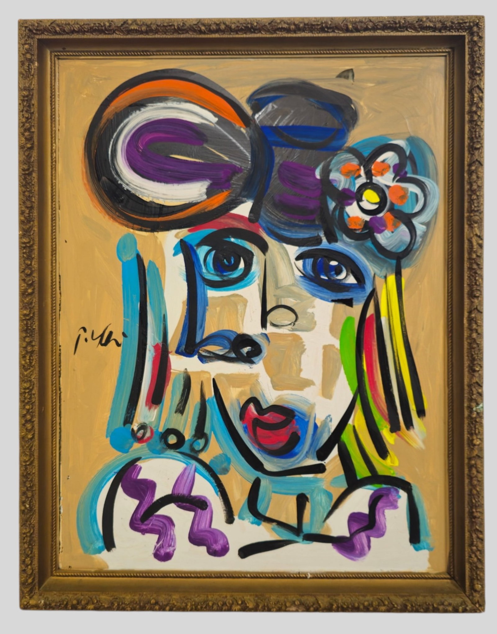 Peter Keil Oil: Peter Keil (Born 1942- , Germany/ NY, OH) Oil on glass, untitled portrait. Signed lower left. Housed in original carved frame. Sight 33 1/2 x 25 1/2. Frame 37 1/2 x 29 1/2.