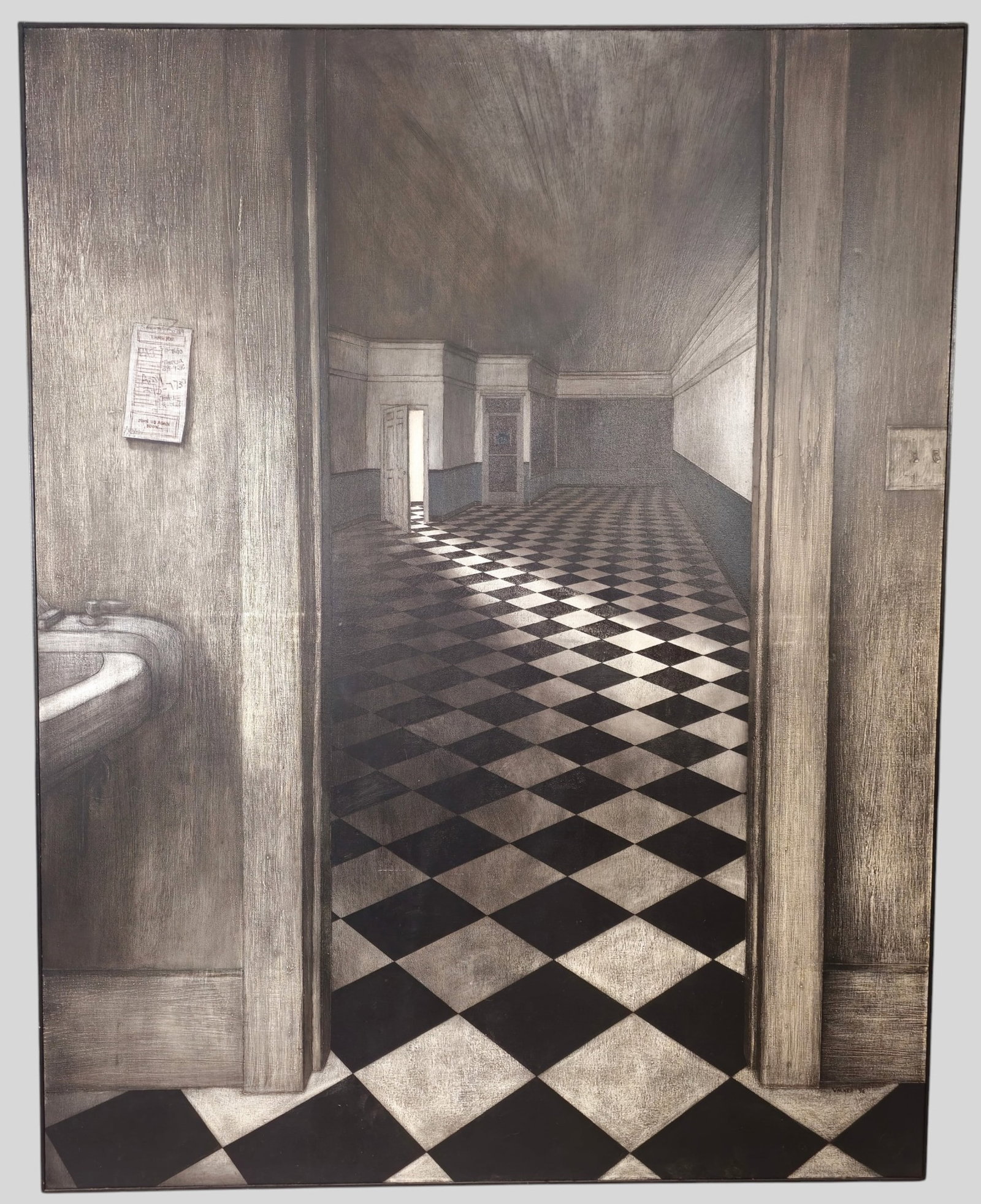 Walker Surrealist Acrylic: Walker Surrealist Acrylic. Interior scene hallway with door ways, sink, linoleum and hanging receipt. Signed lower right and dated 1996. Sight 69 x 54 1/4. Frame 69 1/2 x 54 3/4.