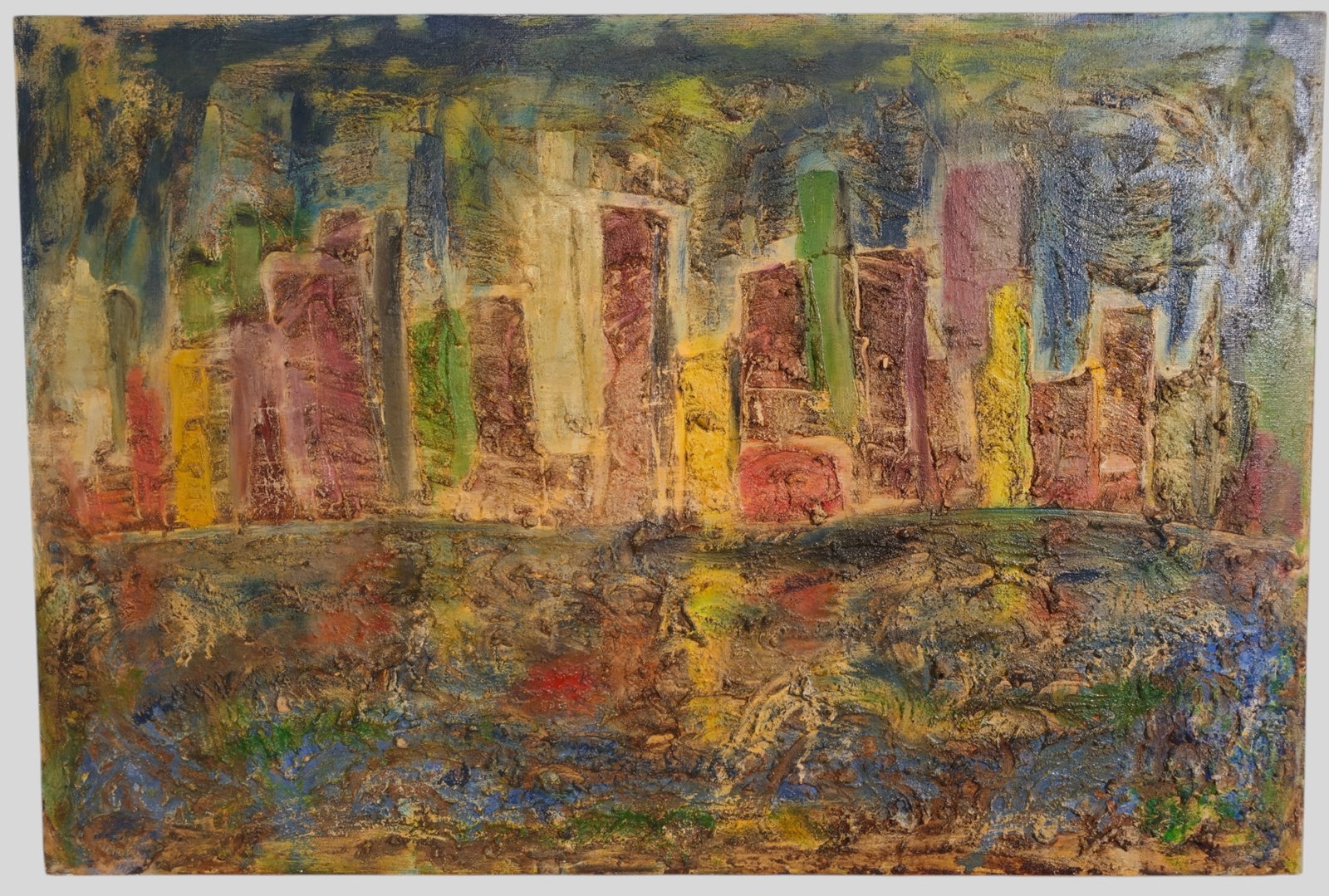 Sharon Watson Oil: Sharon Watson (20th Century, American) Oil on board, untitled. City skyline with reflection in river. Signed to verso. 26 3/8 x 39 1/8.