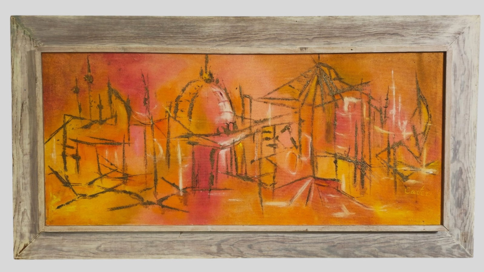 Linear Abstract Expressionist Painting: Linear Abstract Expressionist Painting. Linear structures over an orage and red ground. Signed Carrter lower right. Sight 14 1/2 x 33 1/4. Frame 21 1/2 x 40 1/2.