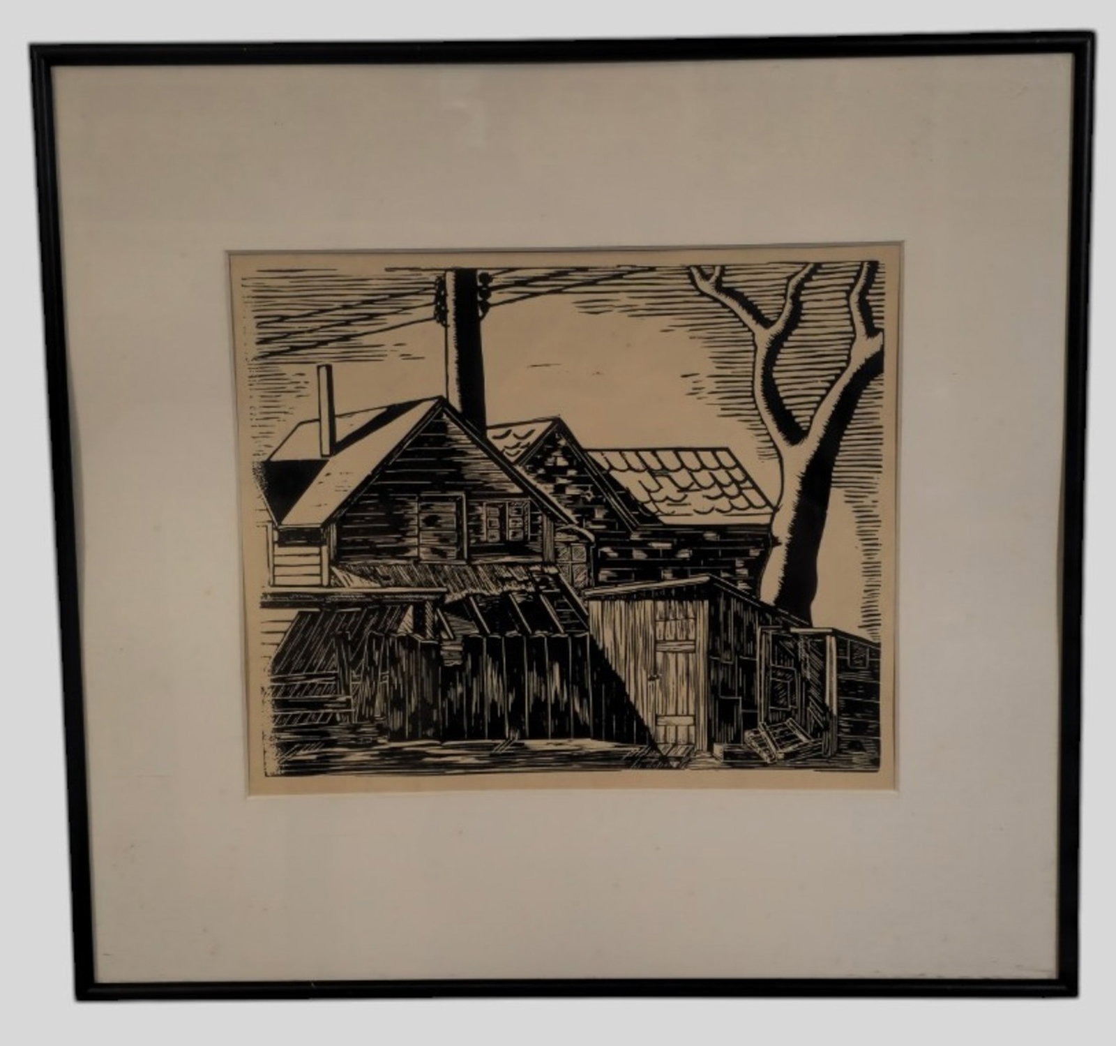 Fred Carlo Woodblock: Fred Carlo (1911-1987, Cleveland) Woodblock print on paper titled," Back yard at Karamu" Signed in the plate lower left. Signed, dated 1938 and titled to verso. Image size 9 x 11. Frame 15 3/4 x 17.
