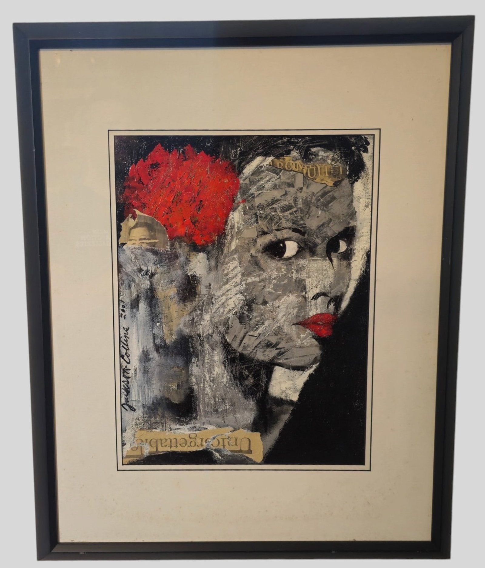 Jackson Collins Mixed Media: Jackson Collins (1958- , MS, CA) Acrylic and paper. Untitled. Portrait of lady with newspaper clippings. Signed and dated 2001 left margin. Sight 15 5/8 x 12. Frame 26 x 21 1/4.